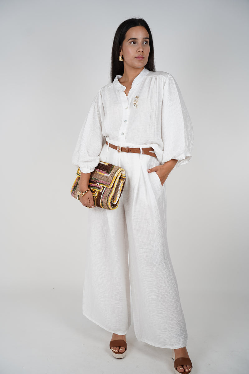 Alvira Belted Linen Set – Effortless White Two-Piece Look