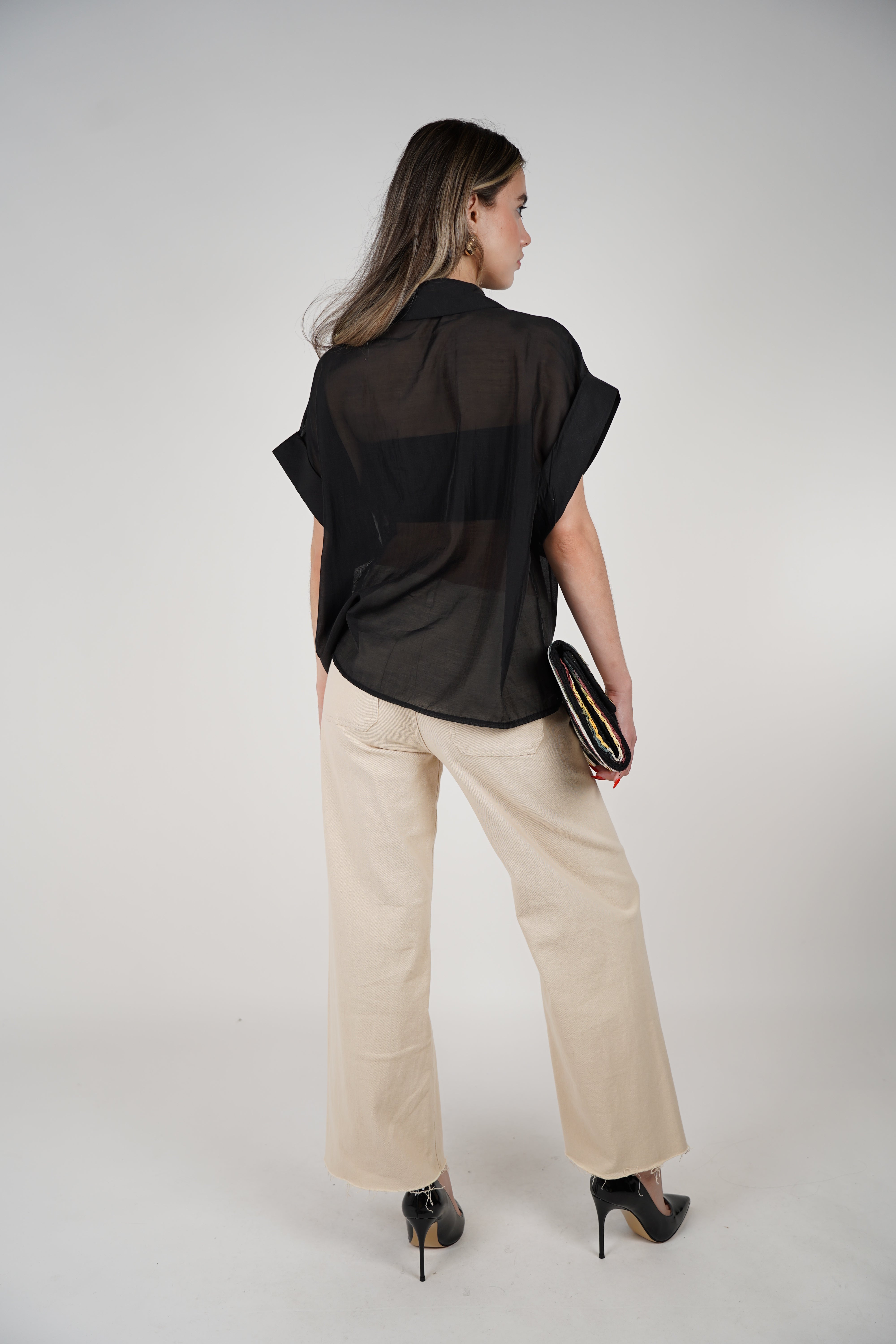 Talira Pockets Button Down – Lightweight Sheer Black Blouse