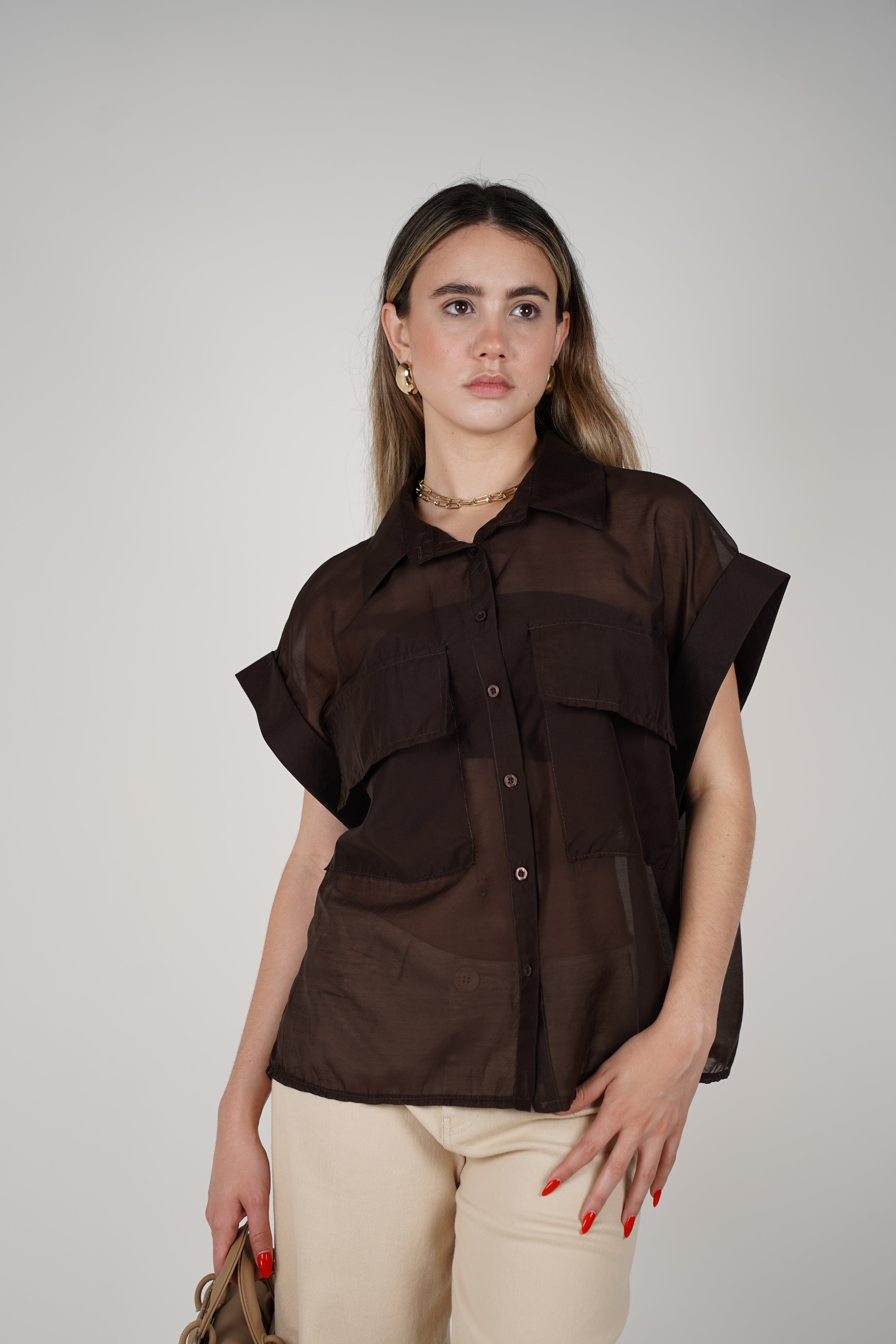 Talira Pockets Button Down – Lightweight Sheer Black Blouse