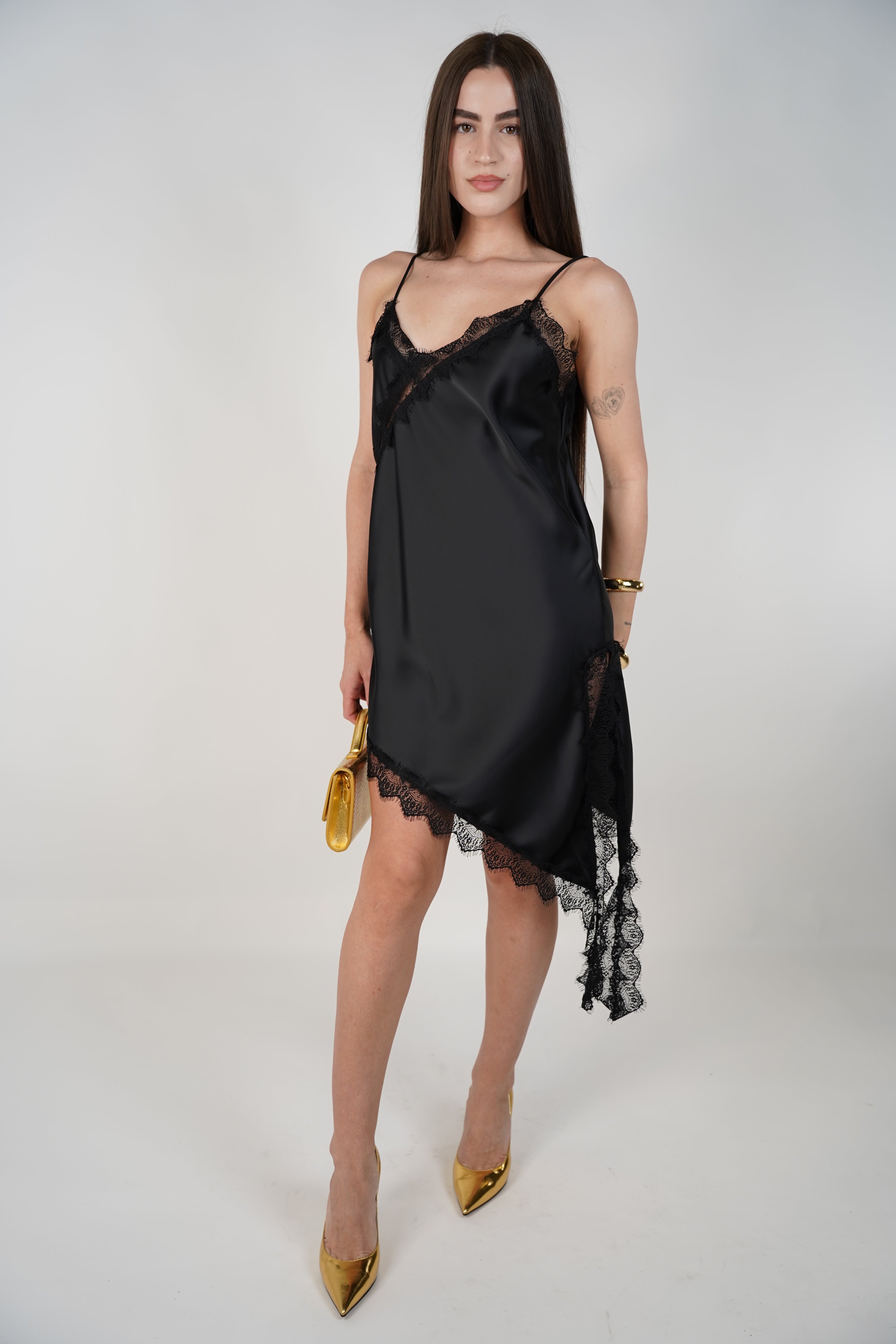 Janelle Satin Mini Dress – Asymmetrical Lace Slip Silhouette