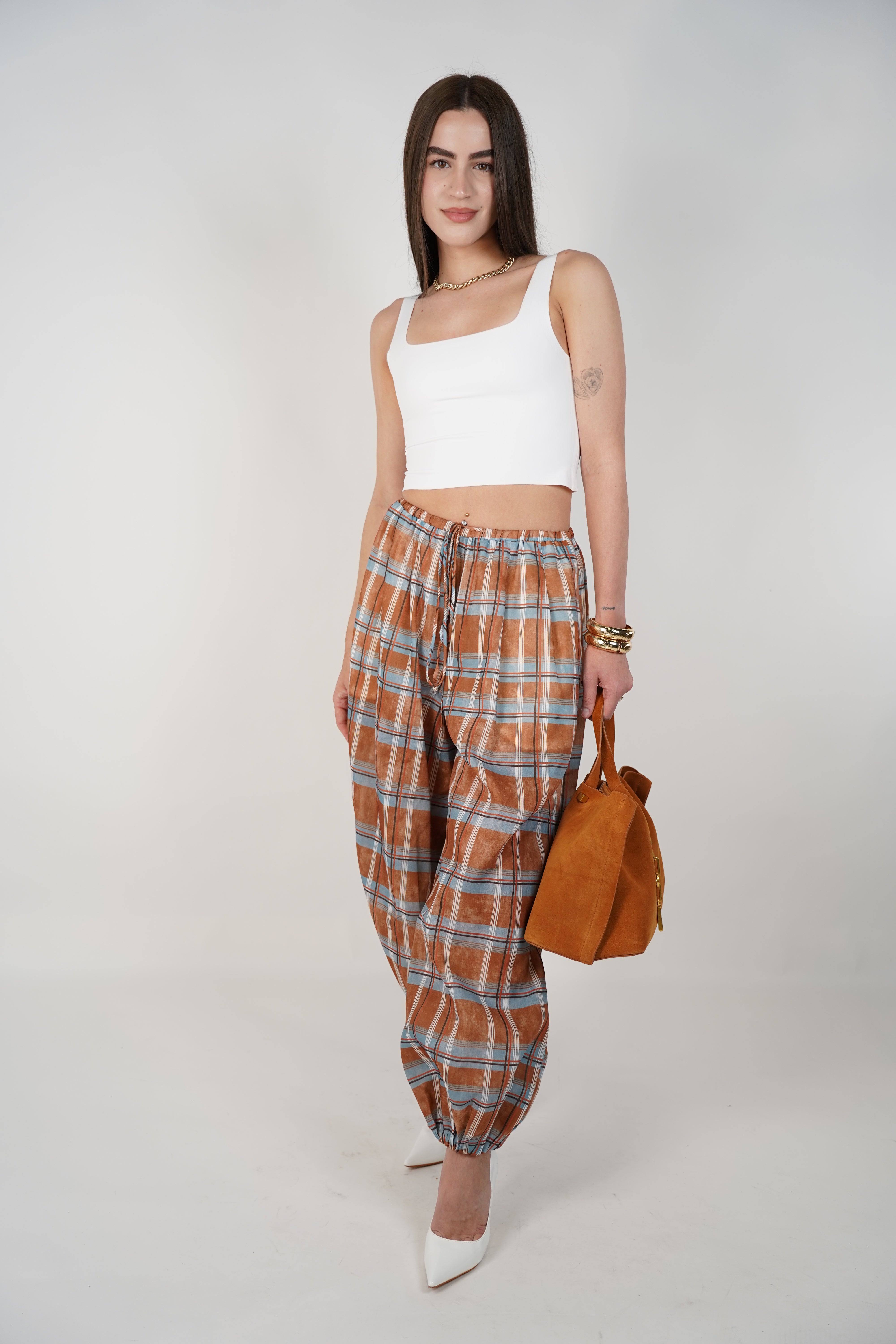 Syra Plaid Aladdin Pants – Relaxed Boho Balloon Fit