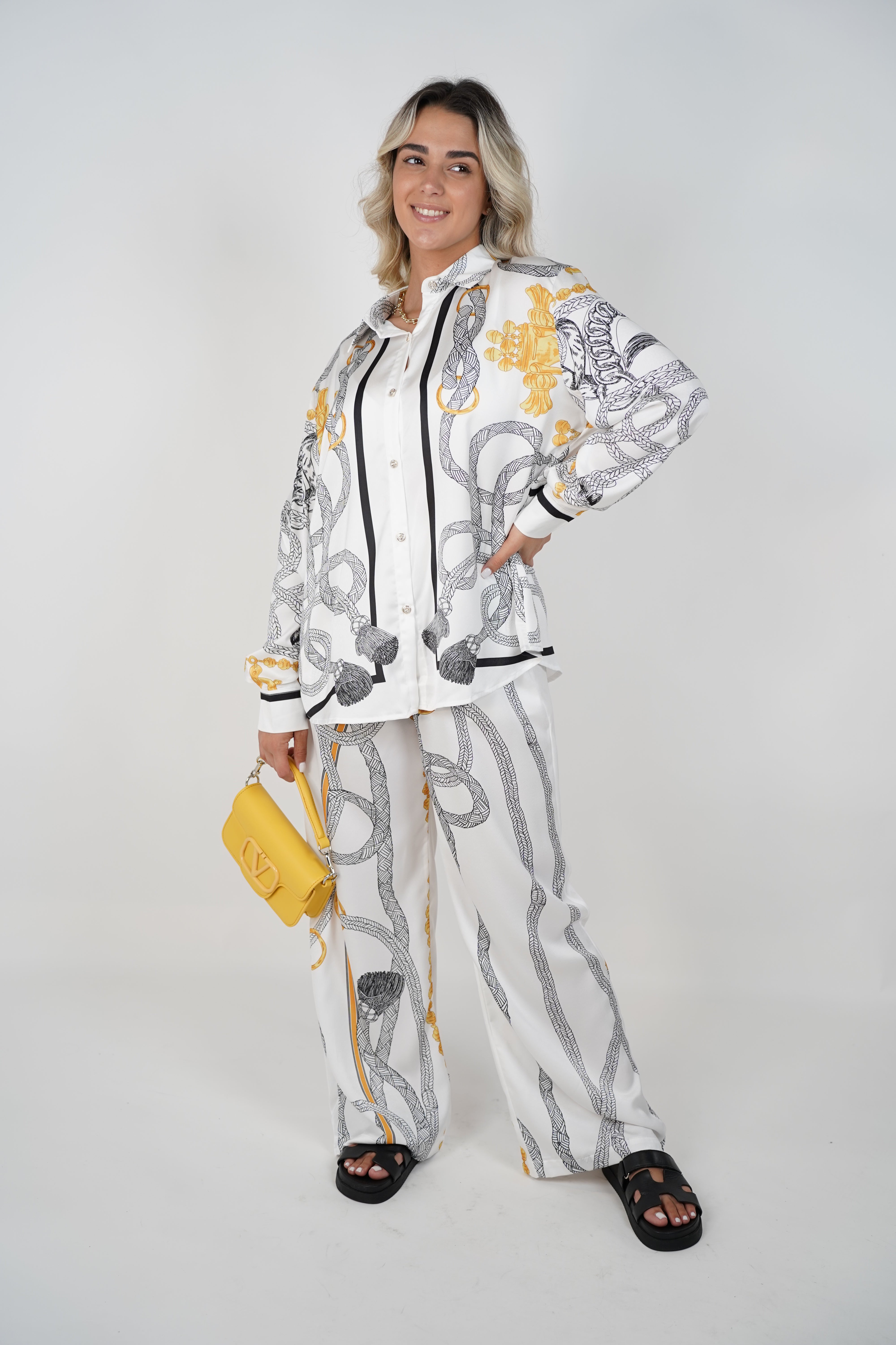 Kyria Chains Pants Set – Satin Button Down & Wide Leg Trousers