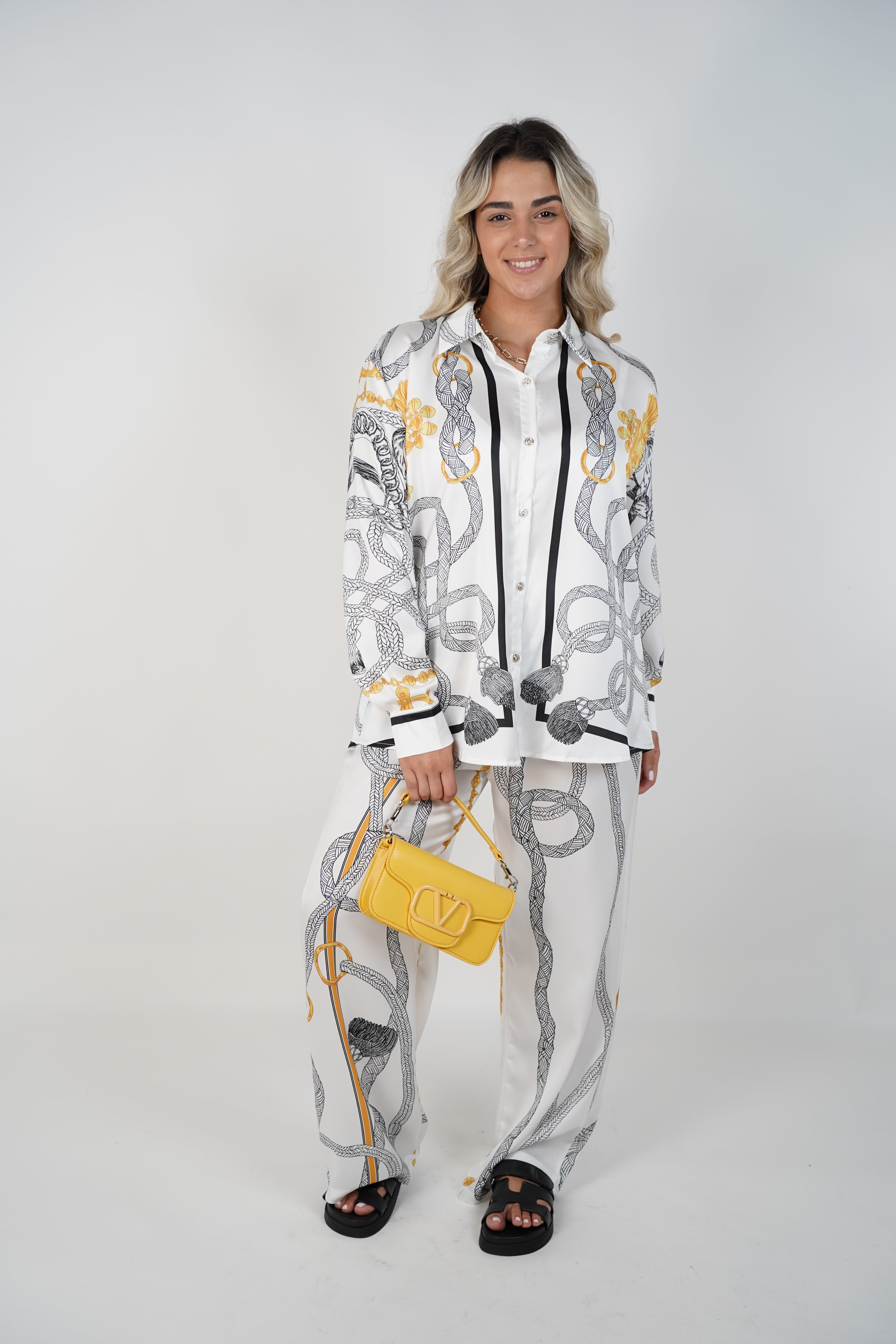 Kyria Chains Pants Set – Satin Button Down & Wide Leg Trousers