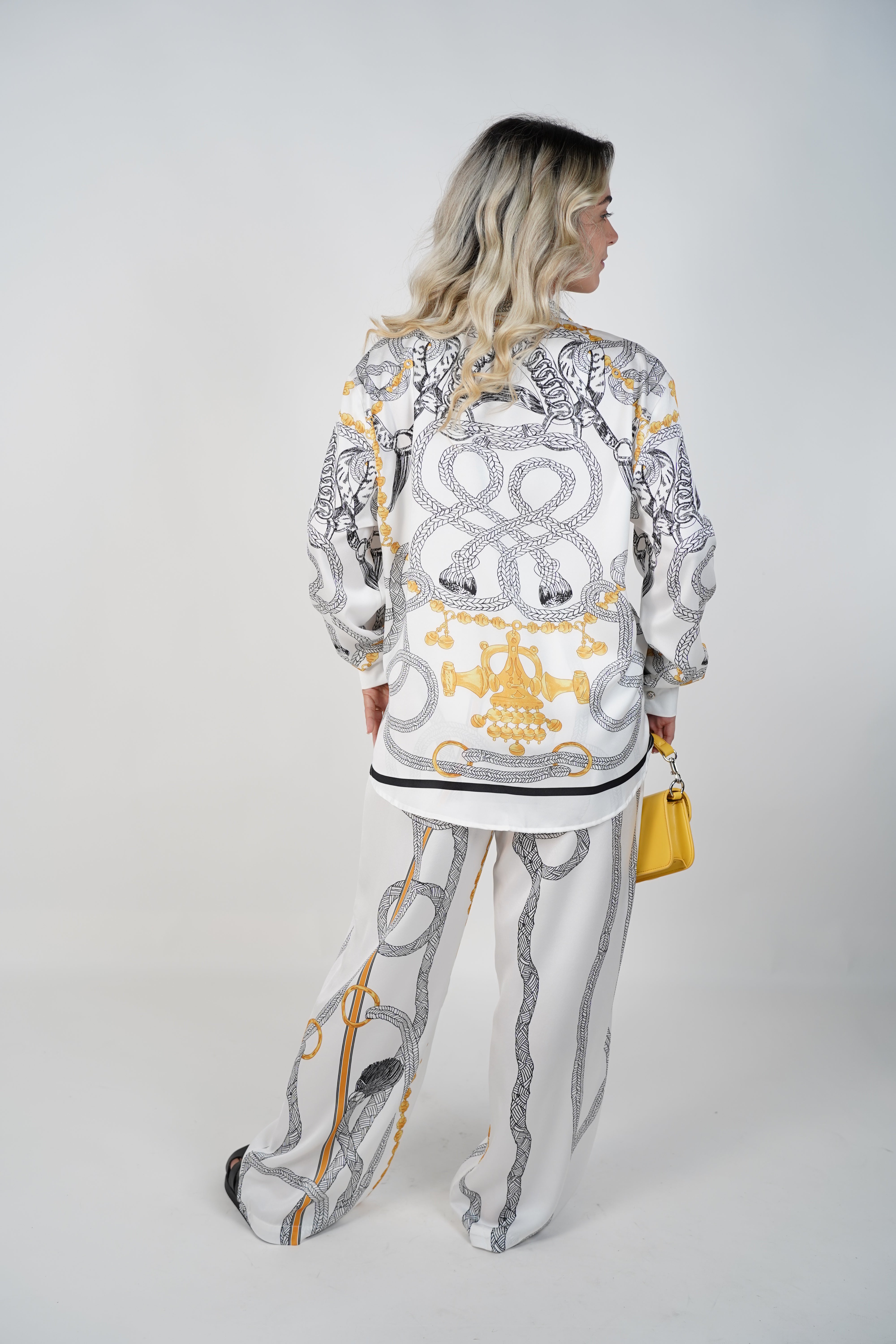 Kyria Chains Pants Set – Satin Button Down & Wide Leg Trousers