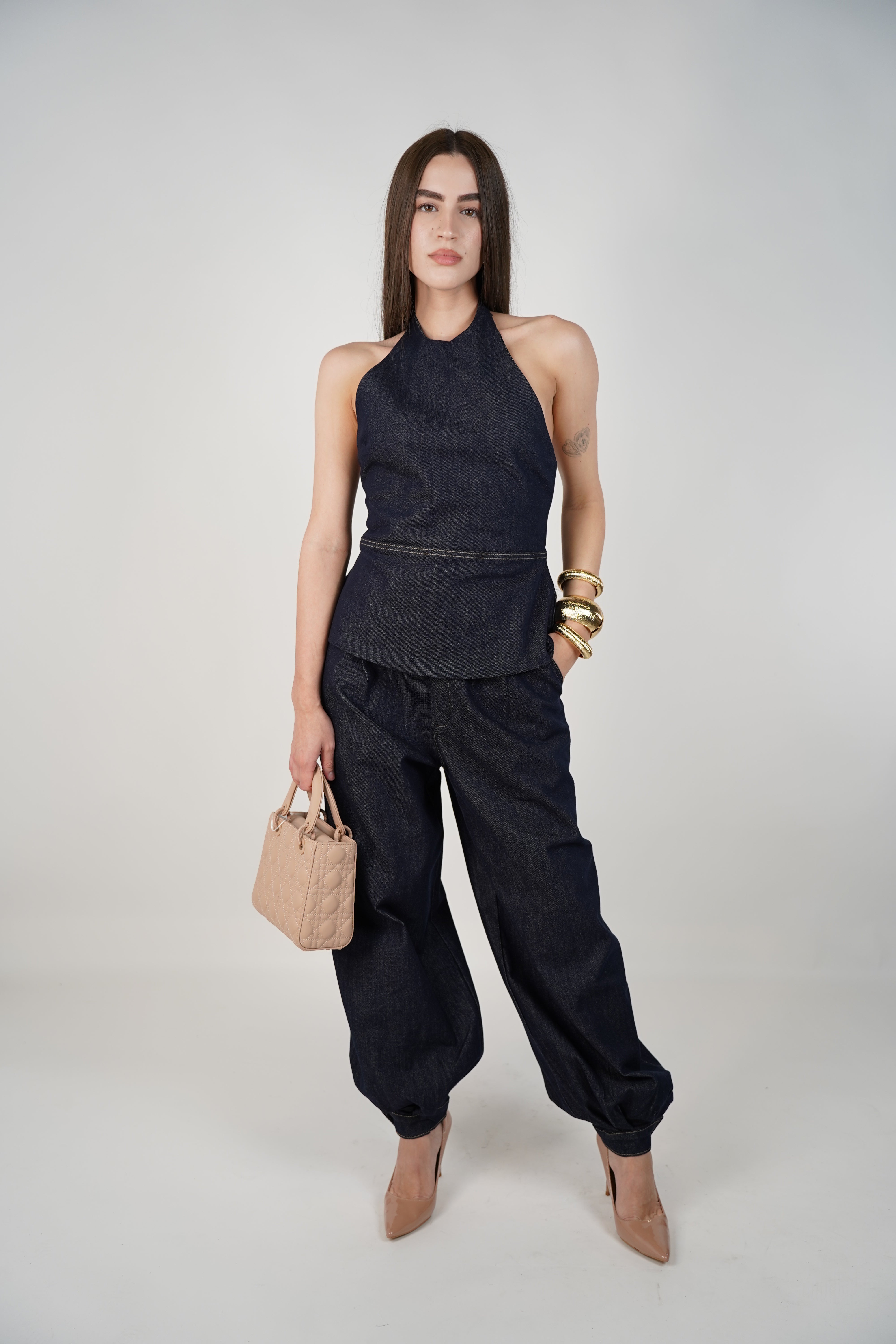 Revia Denim Pants Set – Dark Wash Halter Top & Barrel Leg Trousers