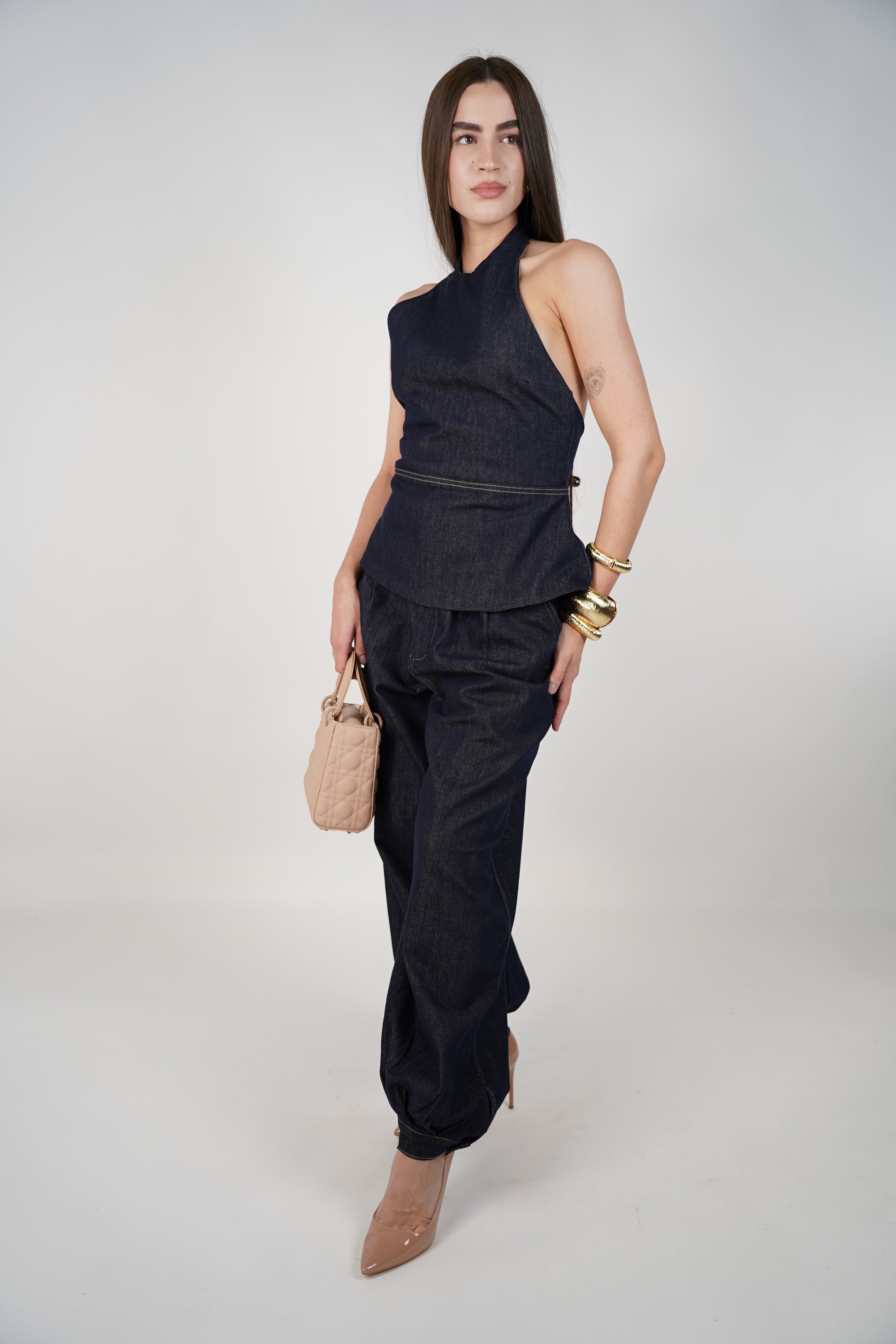 Revia Denim Pants Set – Dark Wash Halter Top & Barrel Leg Trousers