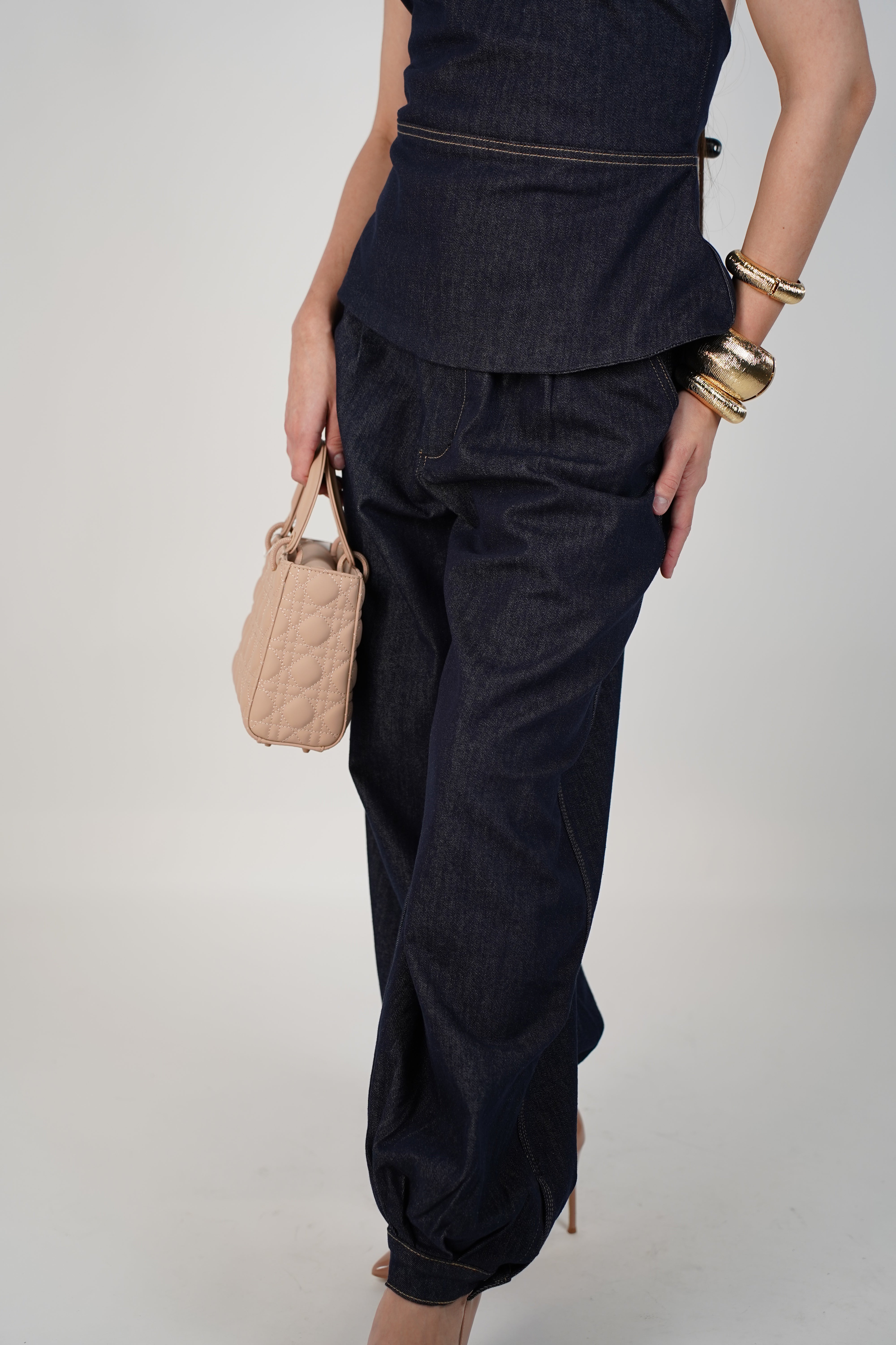 Revia Denim Pants Set – Dark Wash Halter Top & Barrel Leg Trousers
