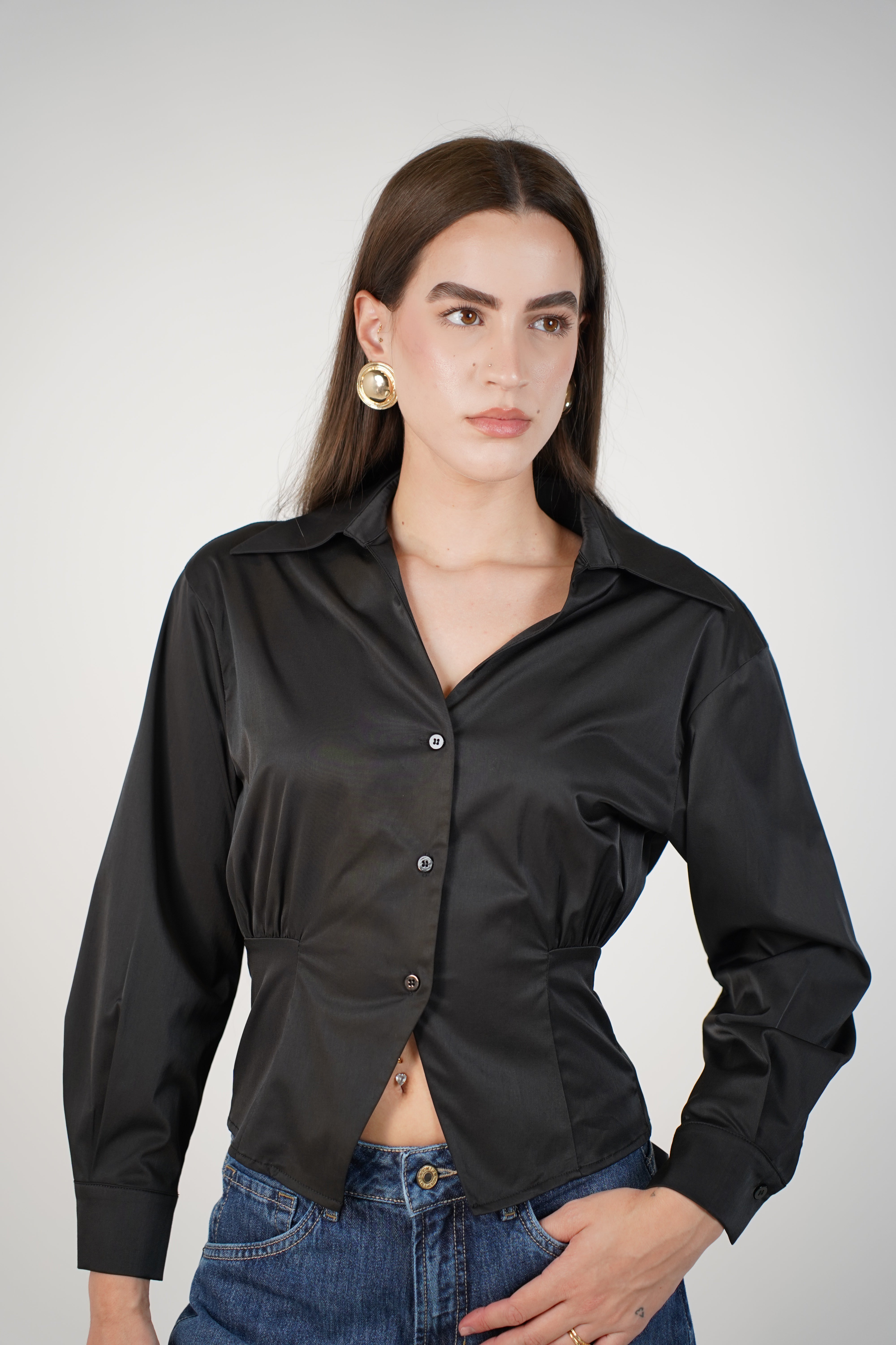Zaria Button Down – Tailored Long Sleeve Shirt with Waist Detail