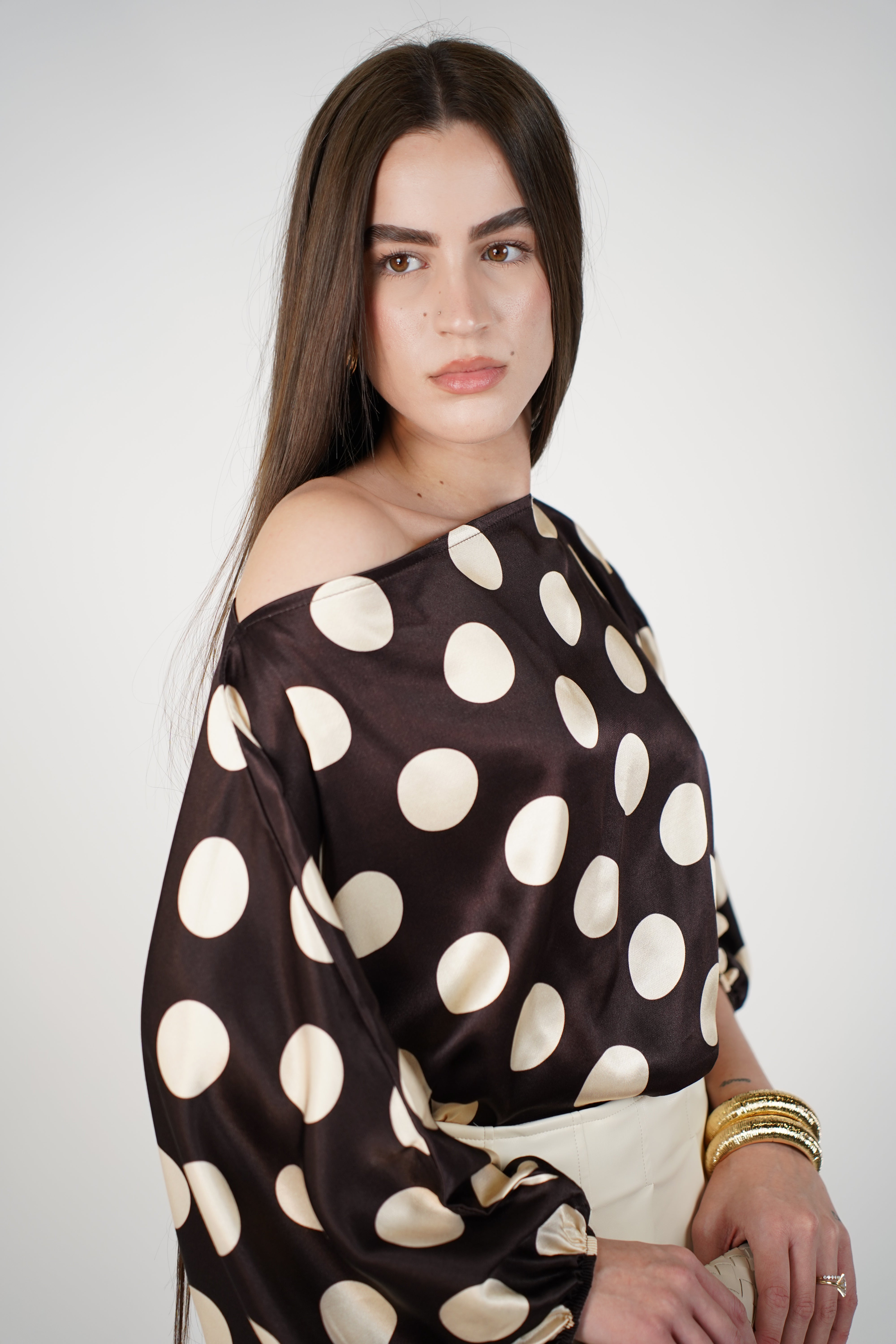 Avira Polka Dot Blouse – Satin Off-Shoulder Statement Top