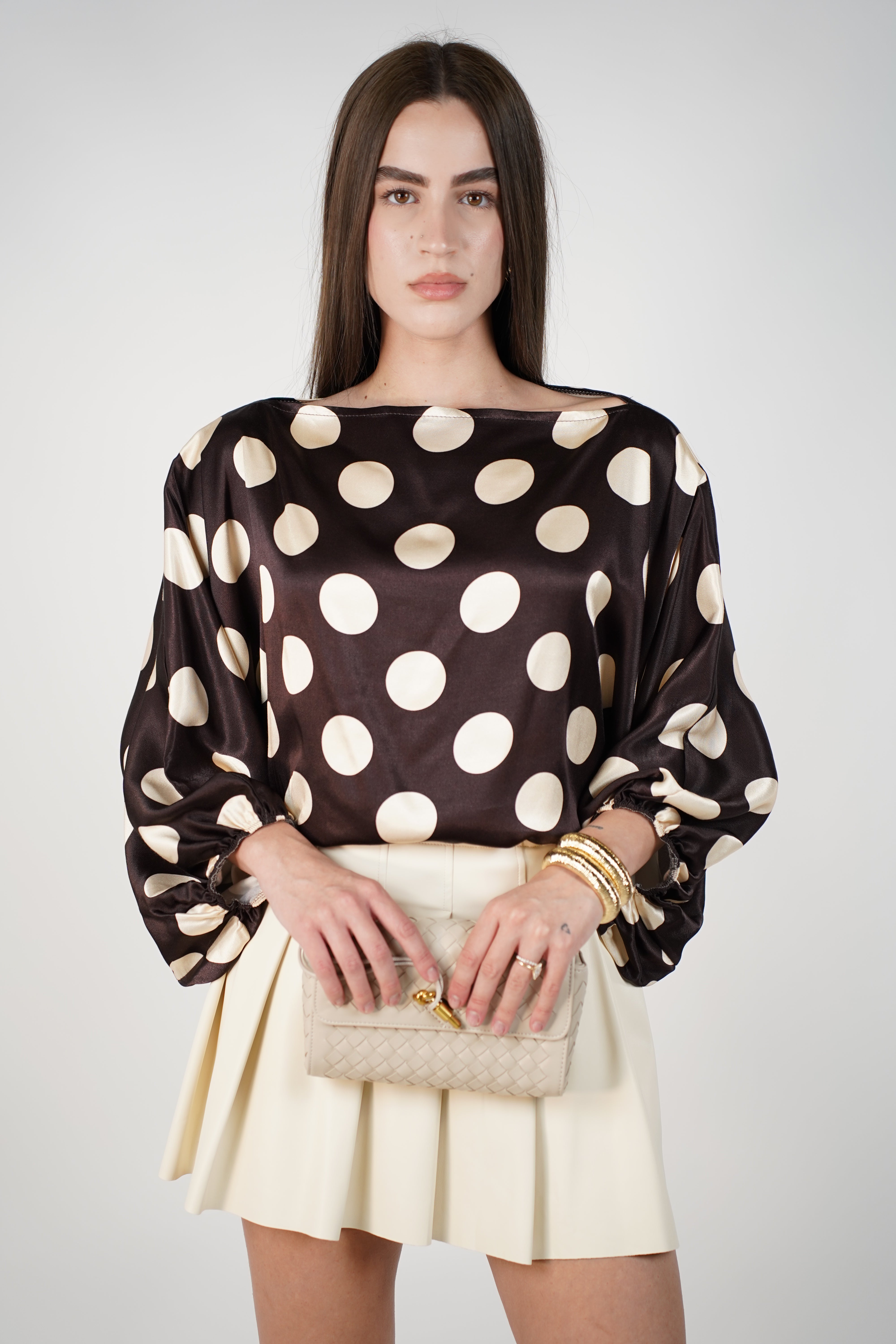 Avira Polka Dot Blouse – Satin Off-Shoulder Statement Top