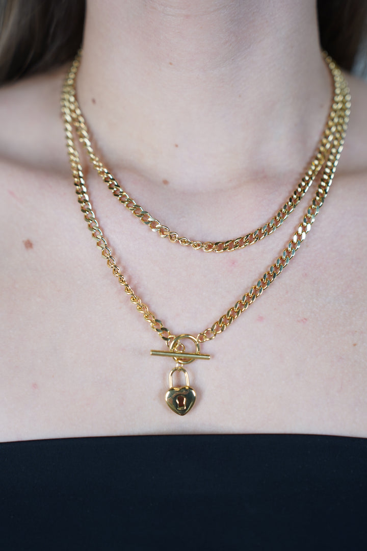 Calie Heart Lock Necklace – Layered Curb Chain with Toggle & Heart Pendant