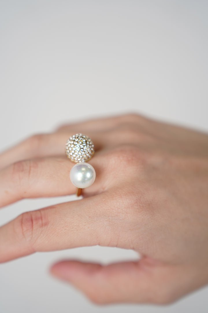 Tanel Pearl Ring – Dual Sphere Pavé & Pearl Statement Band