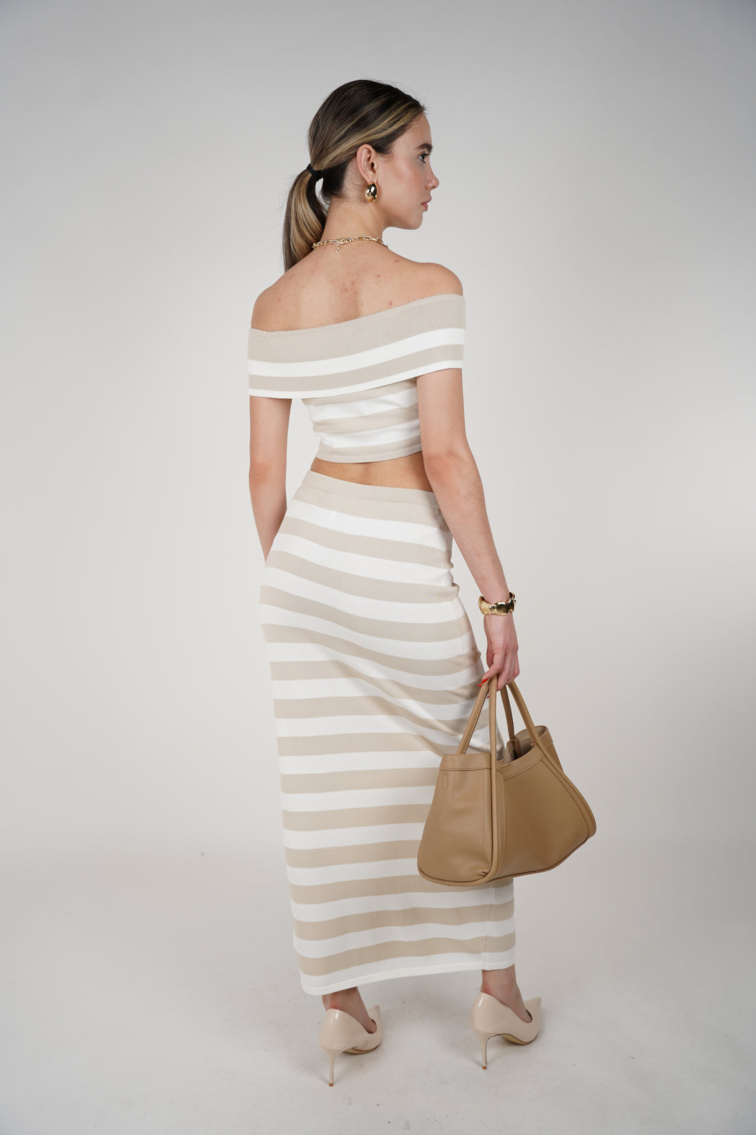 Navi Skirt Set – Striped Knit Elegance in a Button-Up Two-Piece