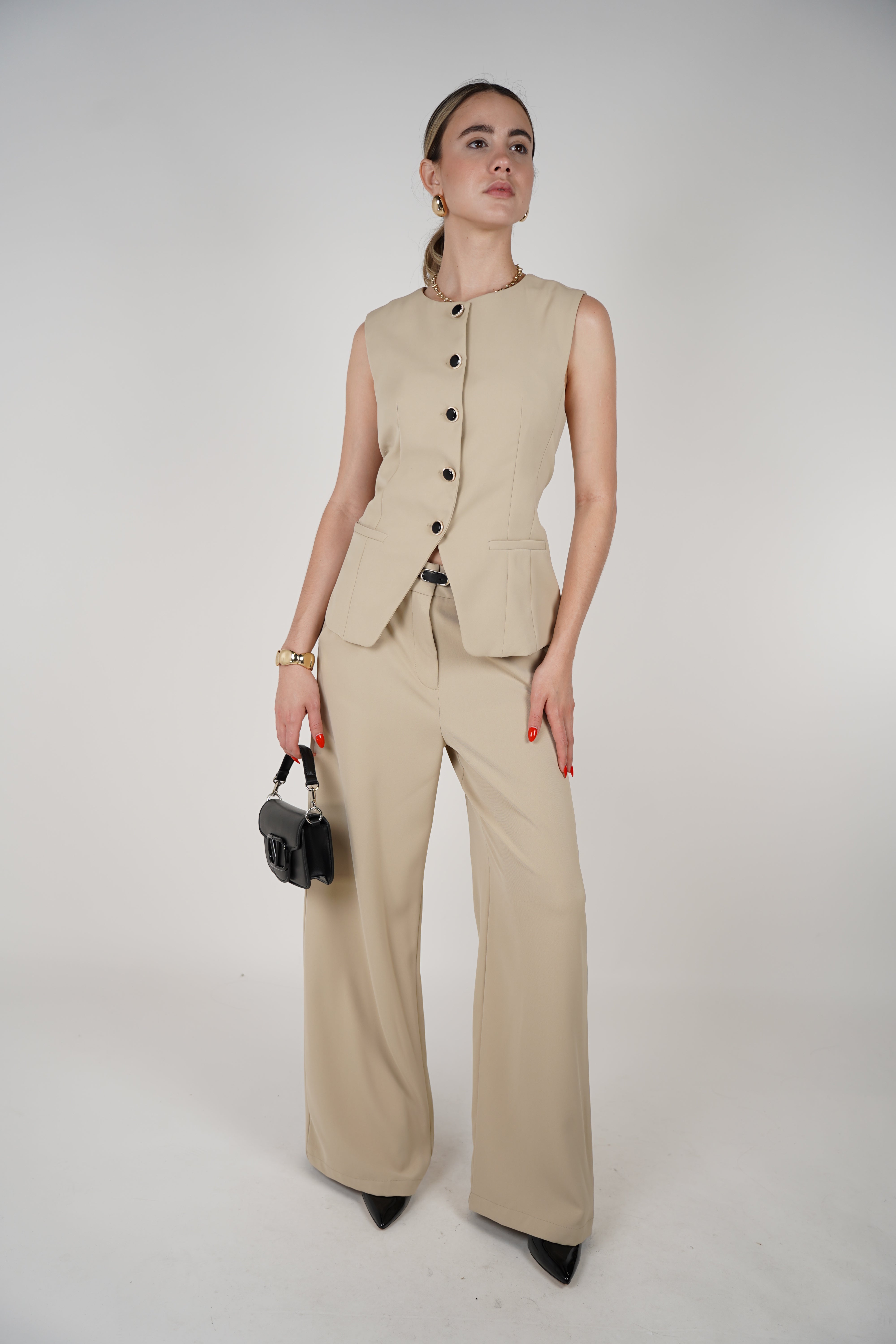 Maria Elena Pants Set – Sleek Sleeveless Blazer and Wide-Leg Trouser Duo