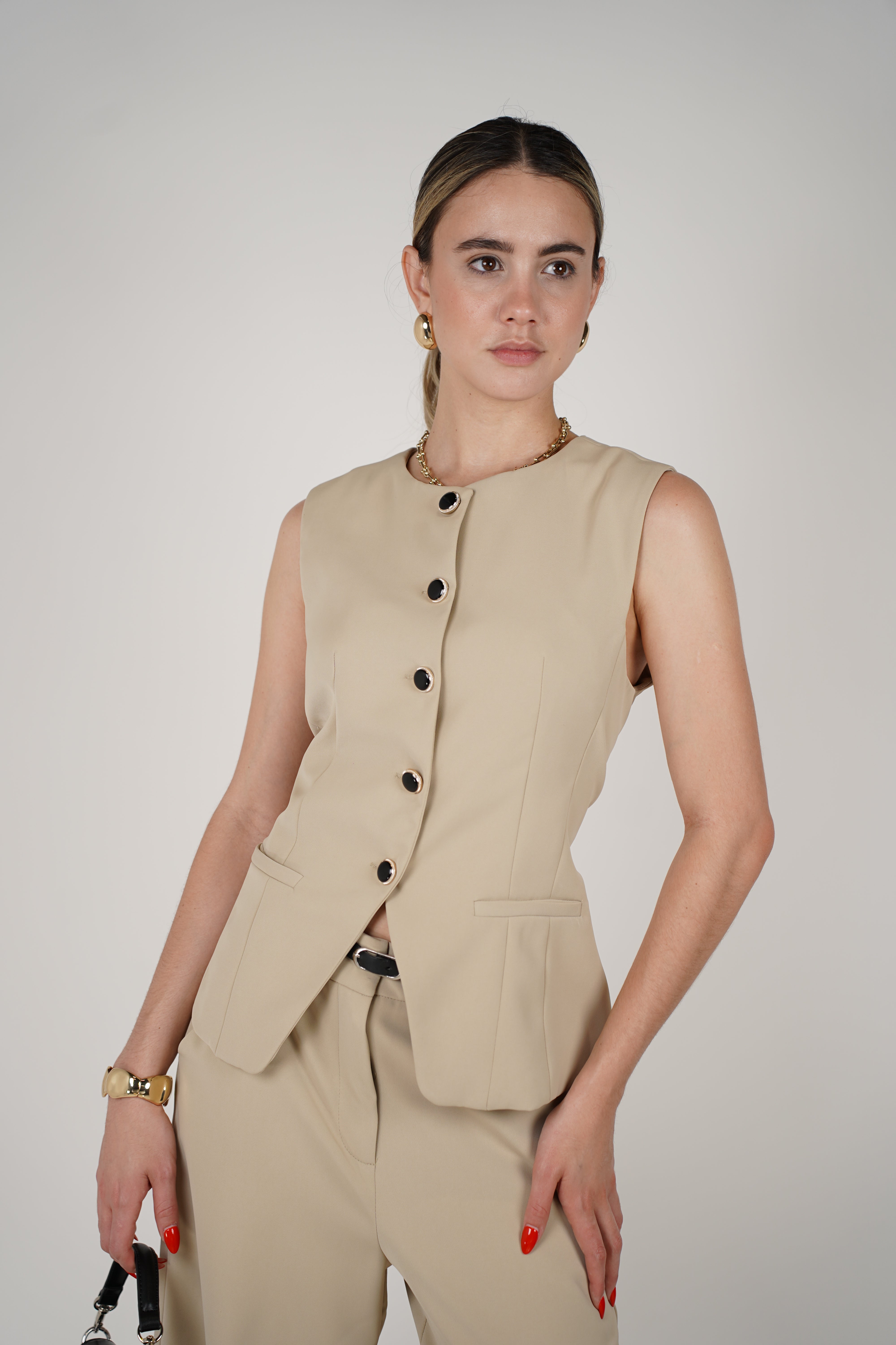 Maria Elena Pants Set – Sleek Sleeveless Blazer and Wide-Leg Trouser Duo