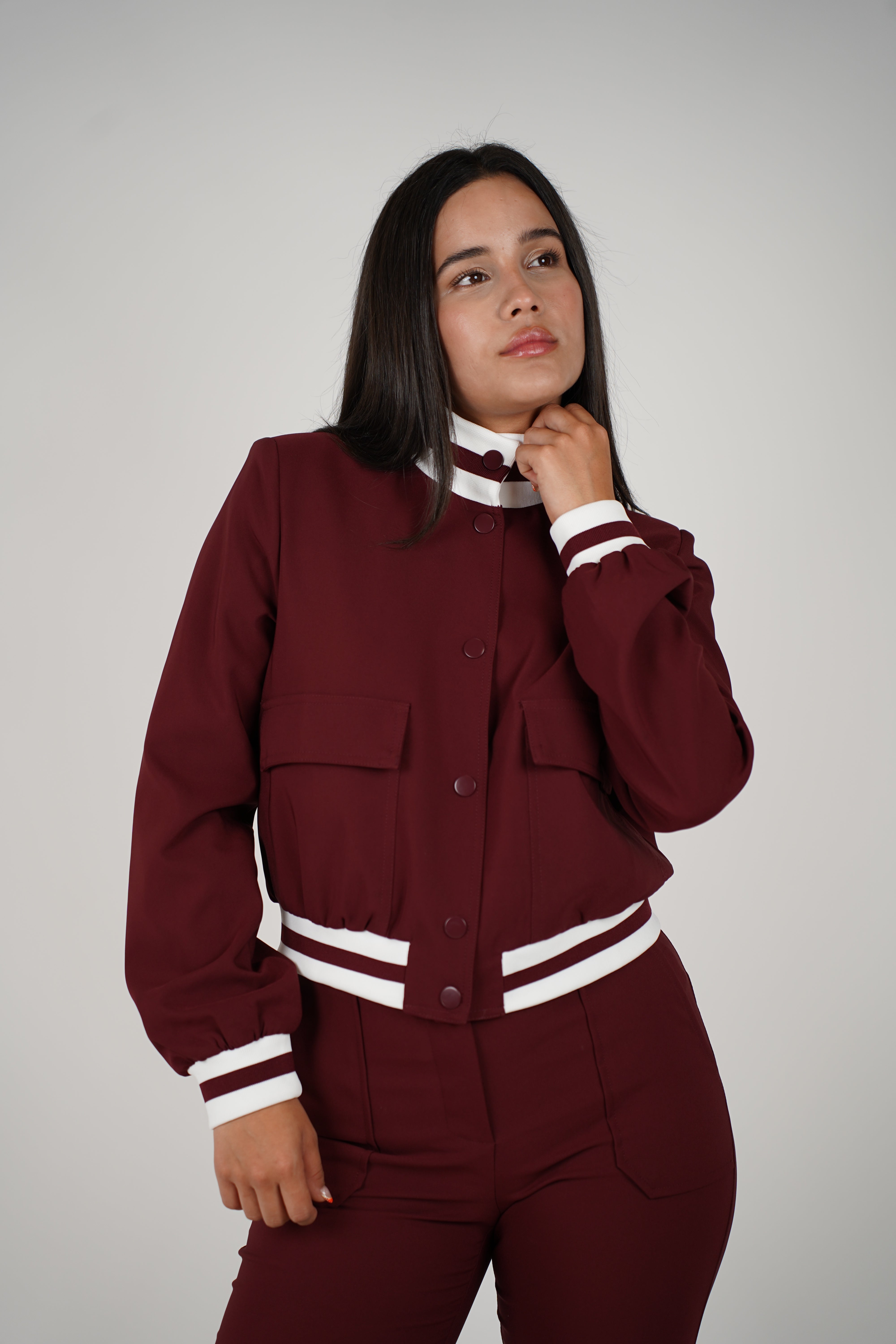 Harela Pants Set – Sporty Maroon Jacket & Matching Wide-Leg Bottoms