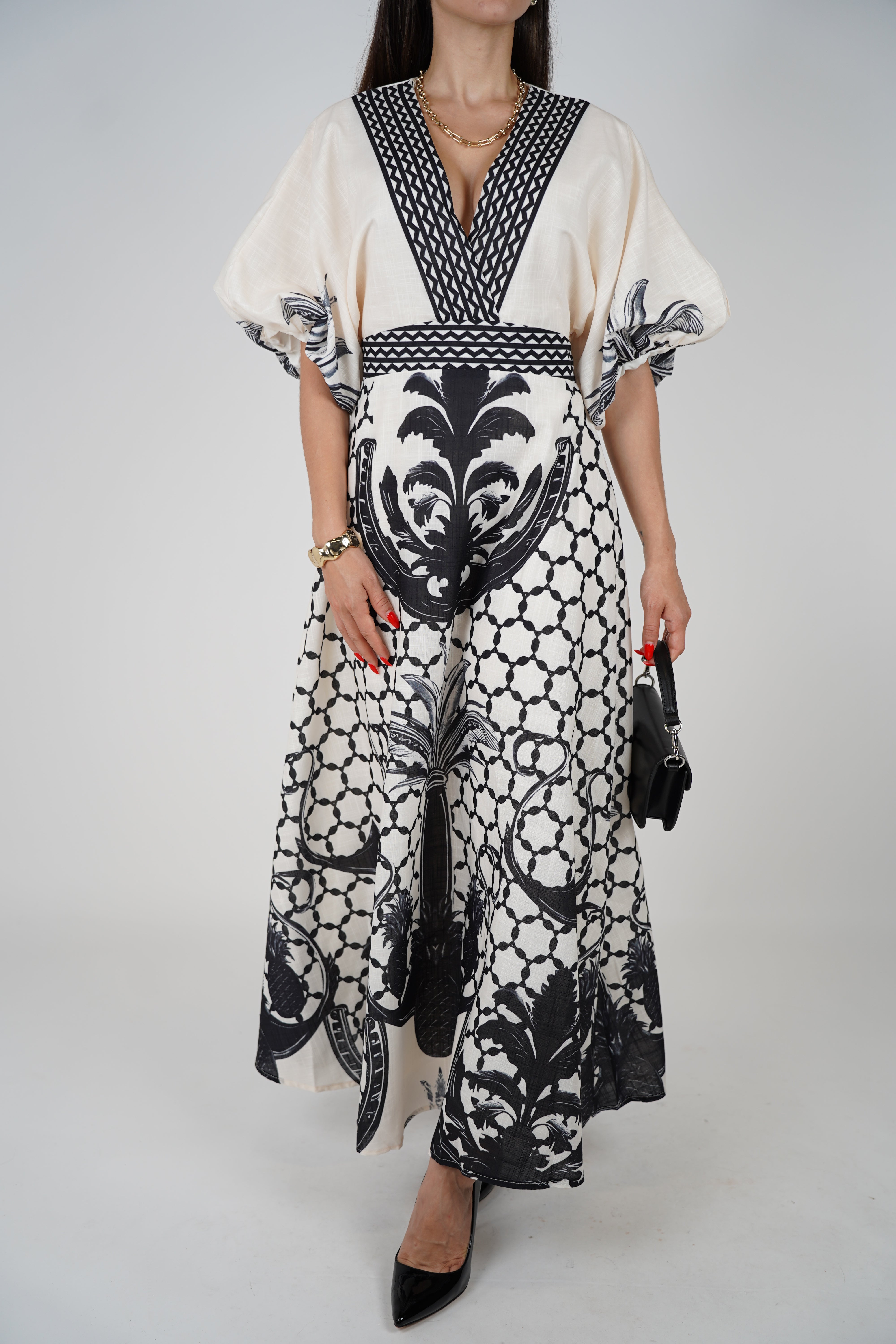 Voreya Stamped Maxi Dress – Statement Black & White Resort Silhouette