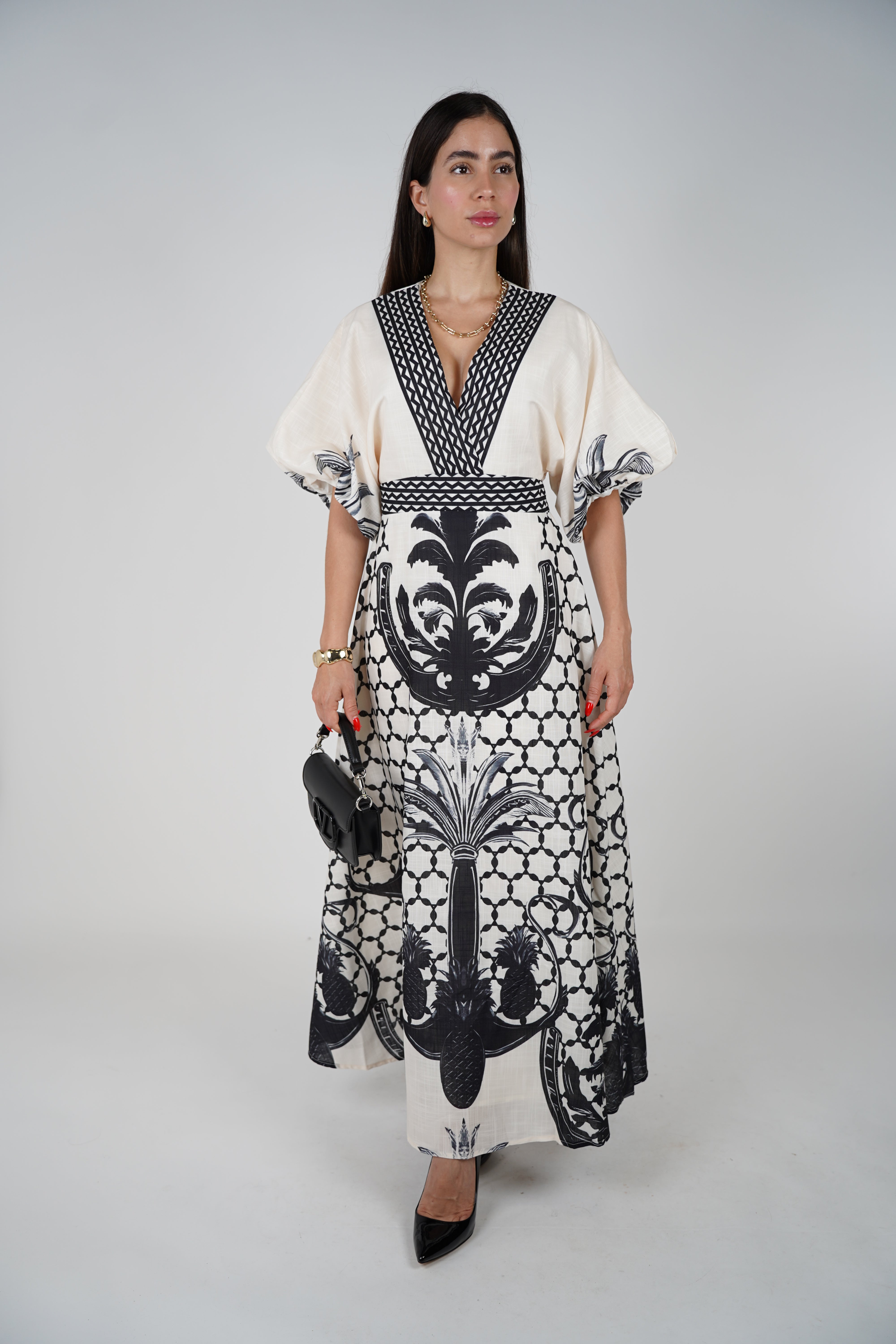 Voreya Stamped Maxi Dress – Statement Black & White Resort Silhouette