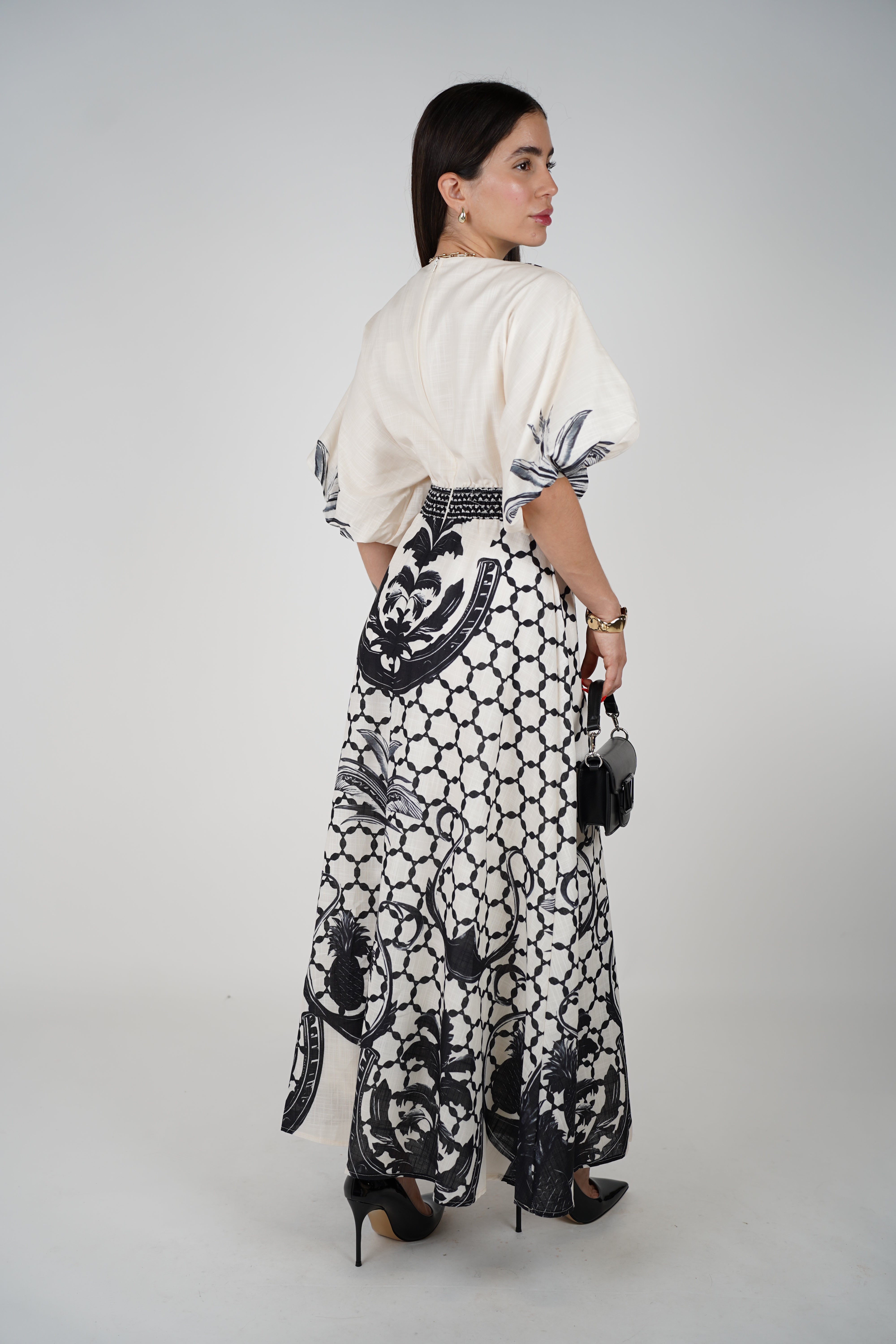Voreya Stamped Maxi Dress – Statement Black & White Resort Silhouette