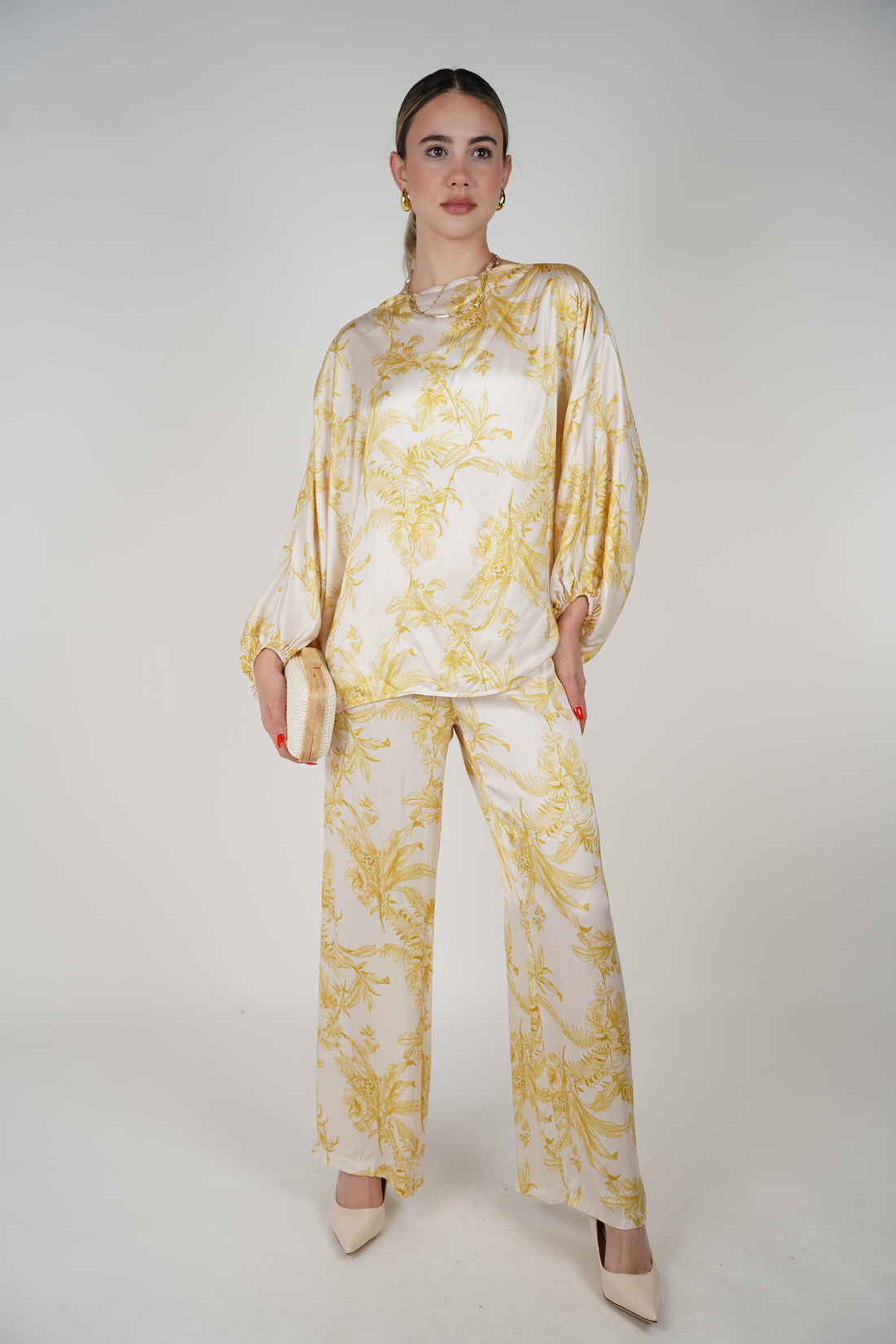 Josephine Top – Flowy Satin Blouse in Yellow Floral Print