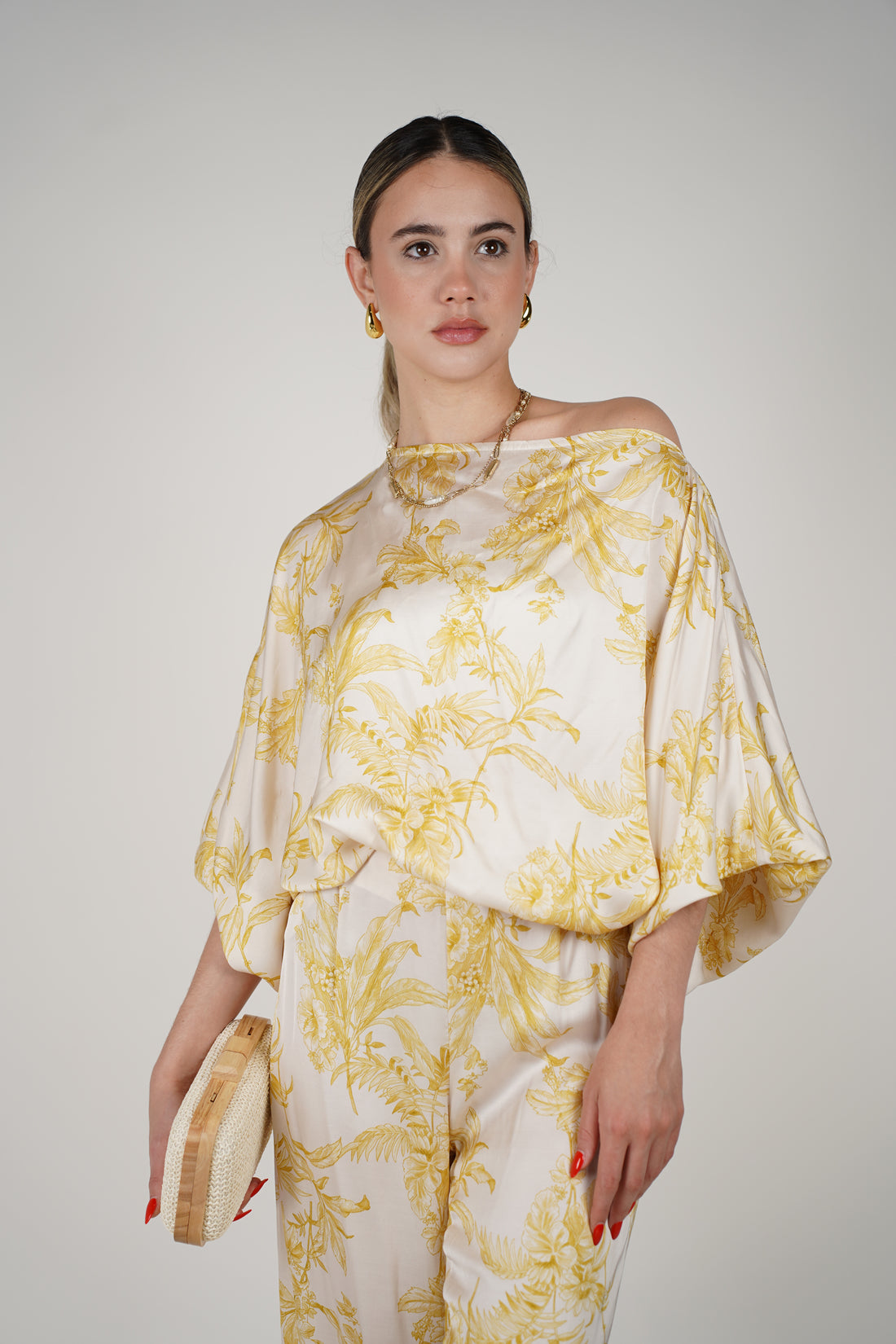 Josephine Top – Flowy Satin Blouse in Yellow Floral Print