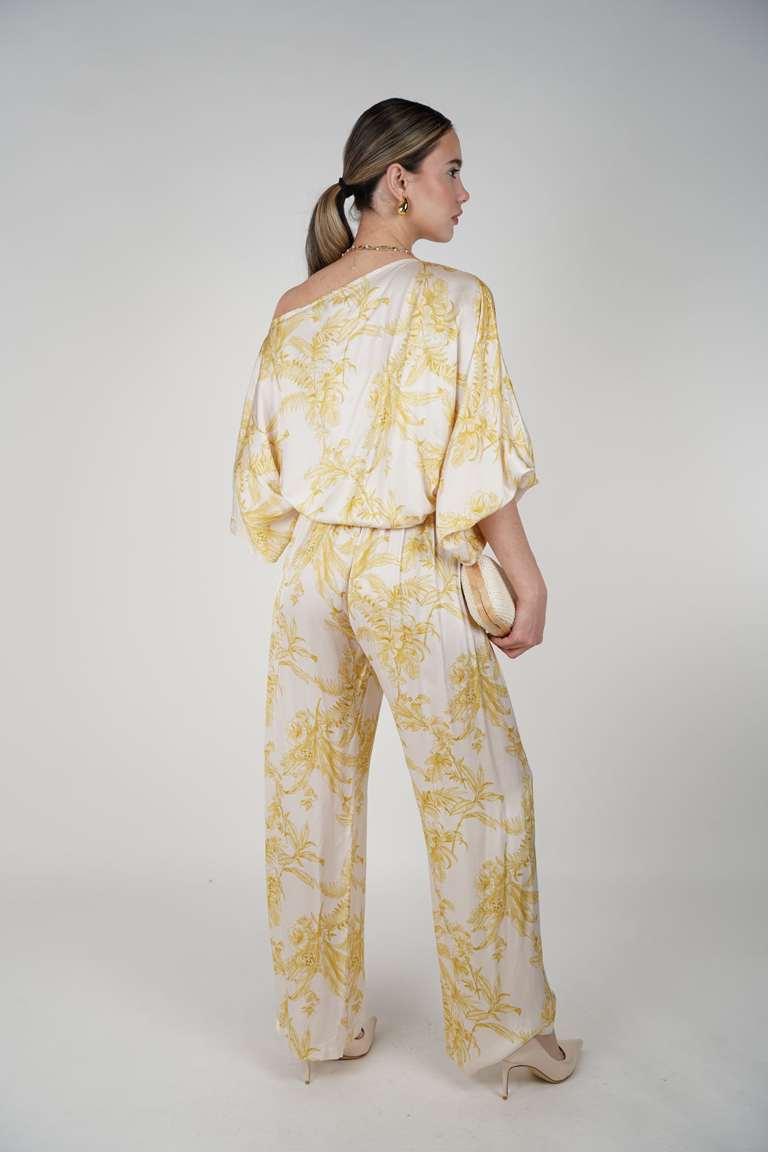 Josephine Top – Flowy Satin Blouse in Yellow Floral Print