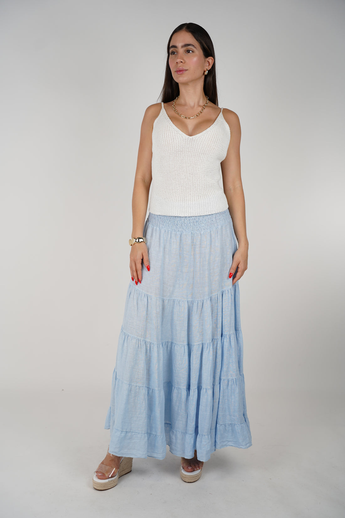 Wren Linen Smocked Maxi Skirt – Effortless Boho Tiered Style