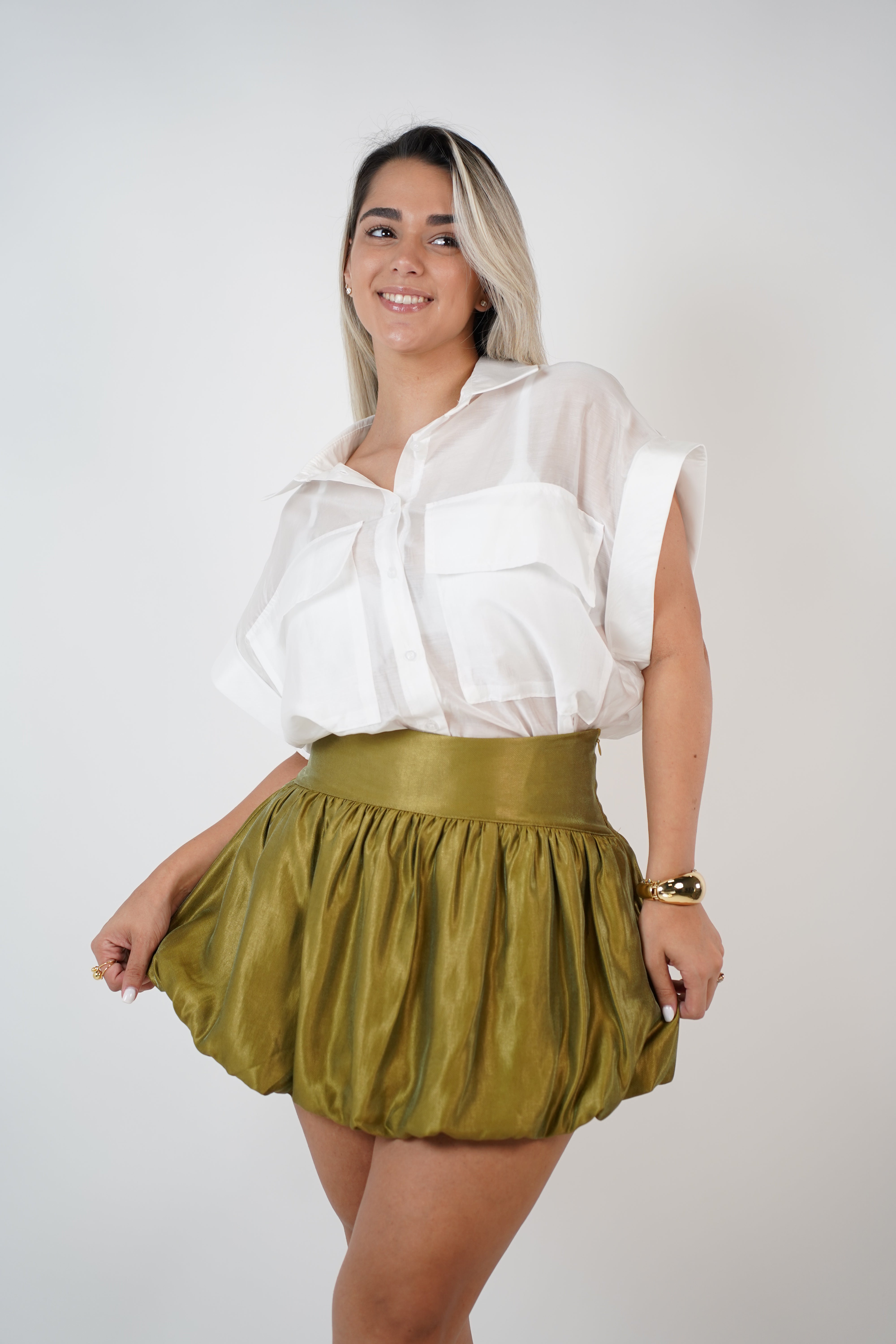 Tiven Mini Bubble Skirt – Shimmery Ice Blue Statement Skirt