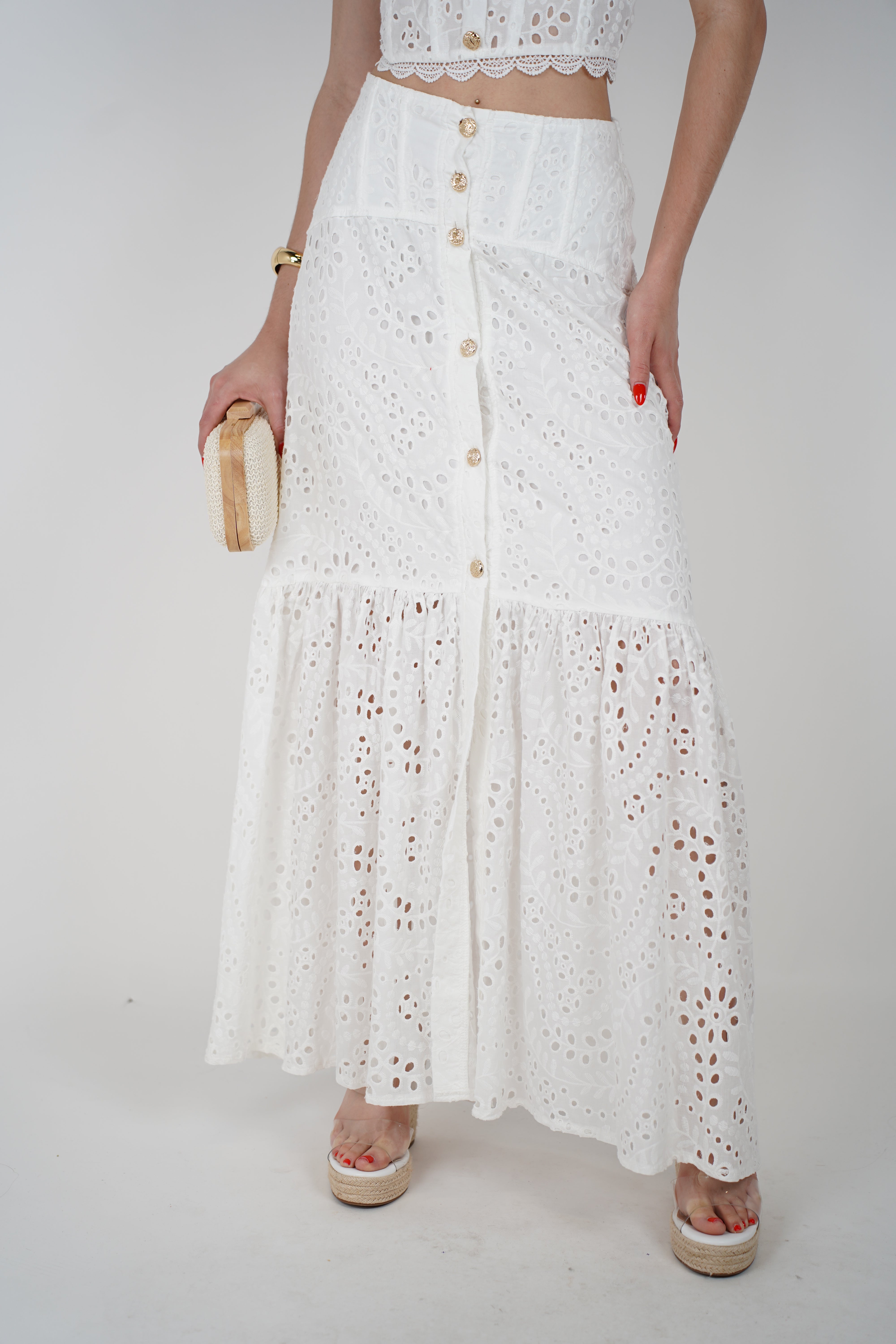 Dila Skirt Set – White Eyelet Two-Piece with Gold Buttons