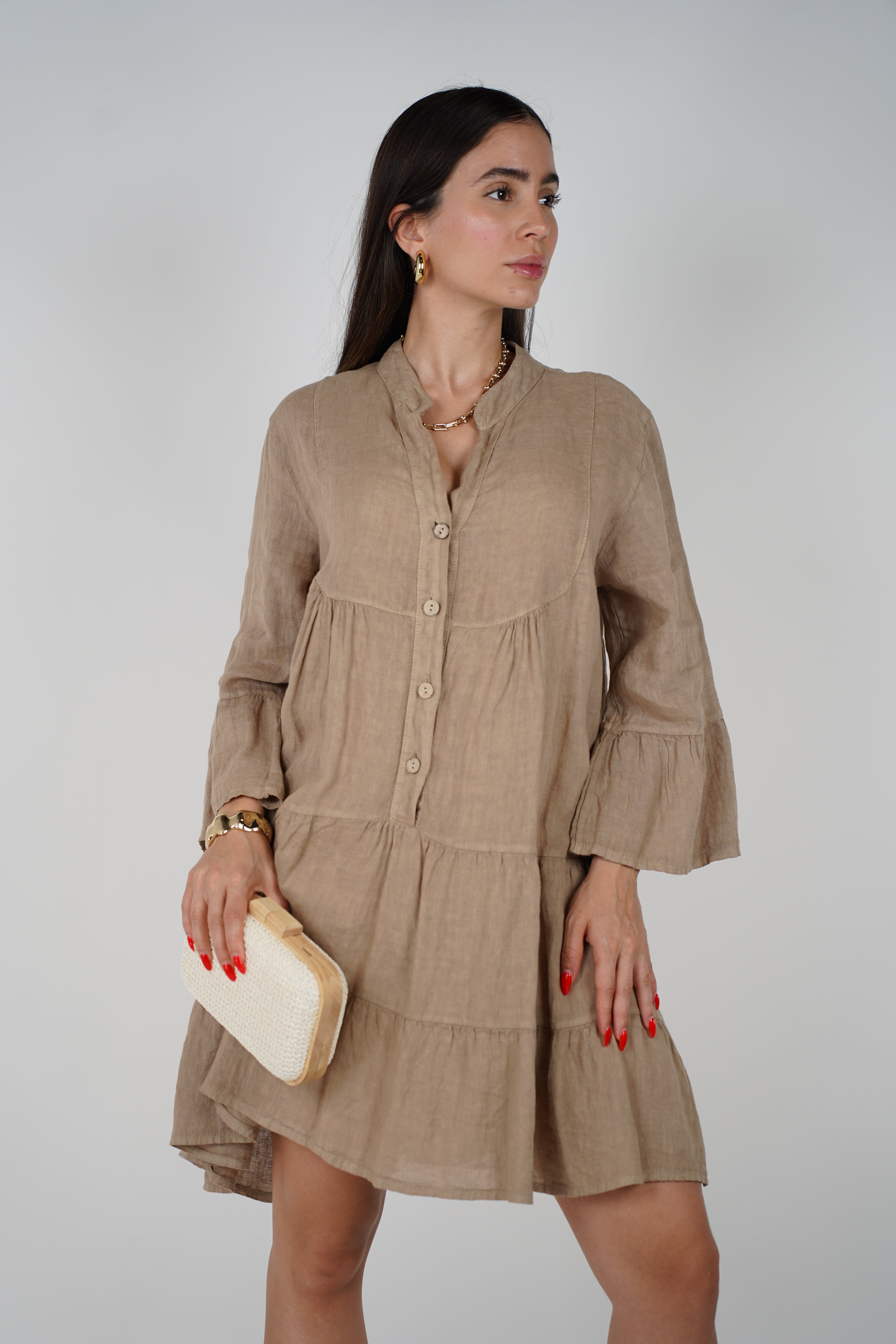 Sira Linen Mini Dress – Breezy Button-Down in Soft Neutrals