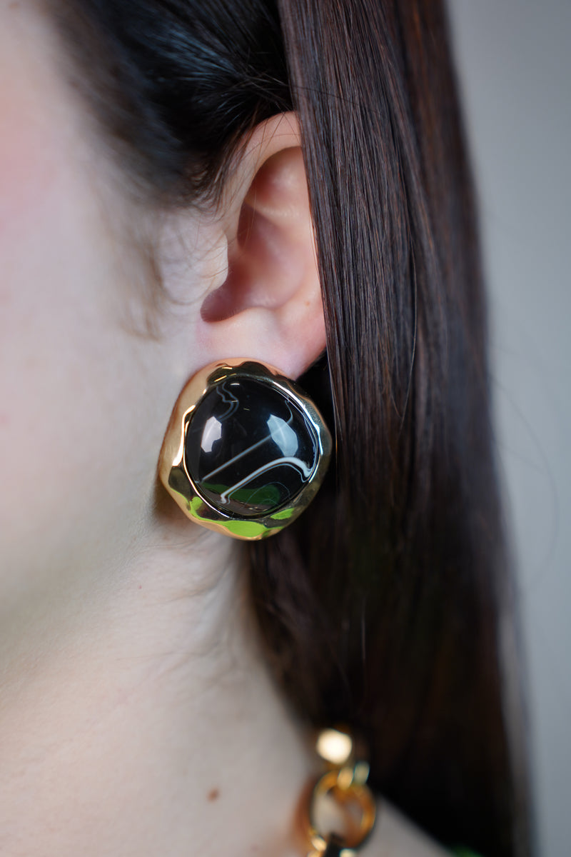 Marble Sculptural Gold & Black Enamel Earrings – Bold Stud Statement Pair