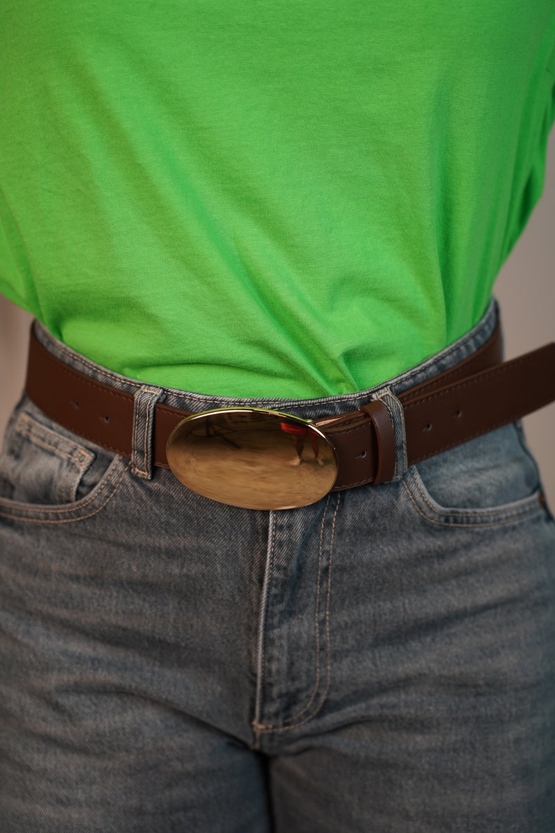 Mabelina Wide Brown Belt with Gold Oval Buckle – Polished Everyday Classic