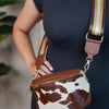 Cow Mini Crossbody Bag Brown & White Leather with Wide Stripe Strap - Carema Boutique