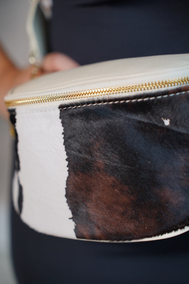 Cow Mini Crossbody Bag Brown & White Leather with Wide Stripe Strap