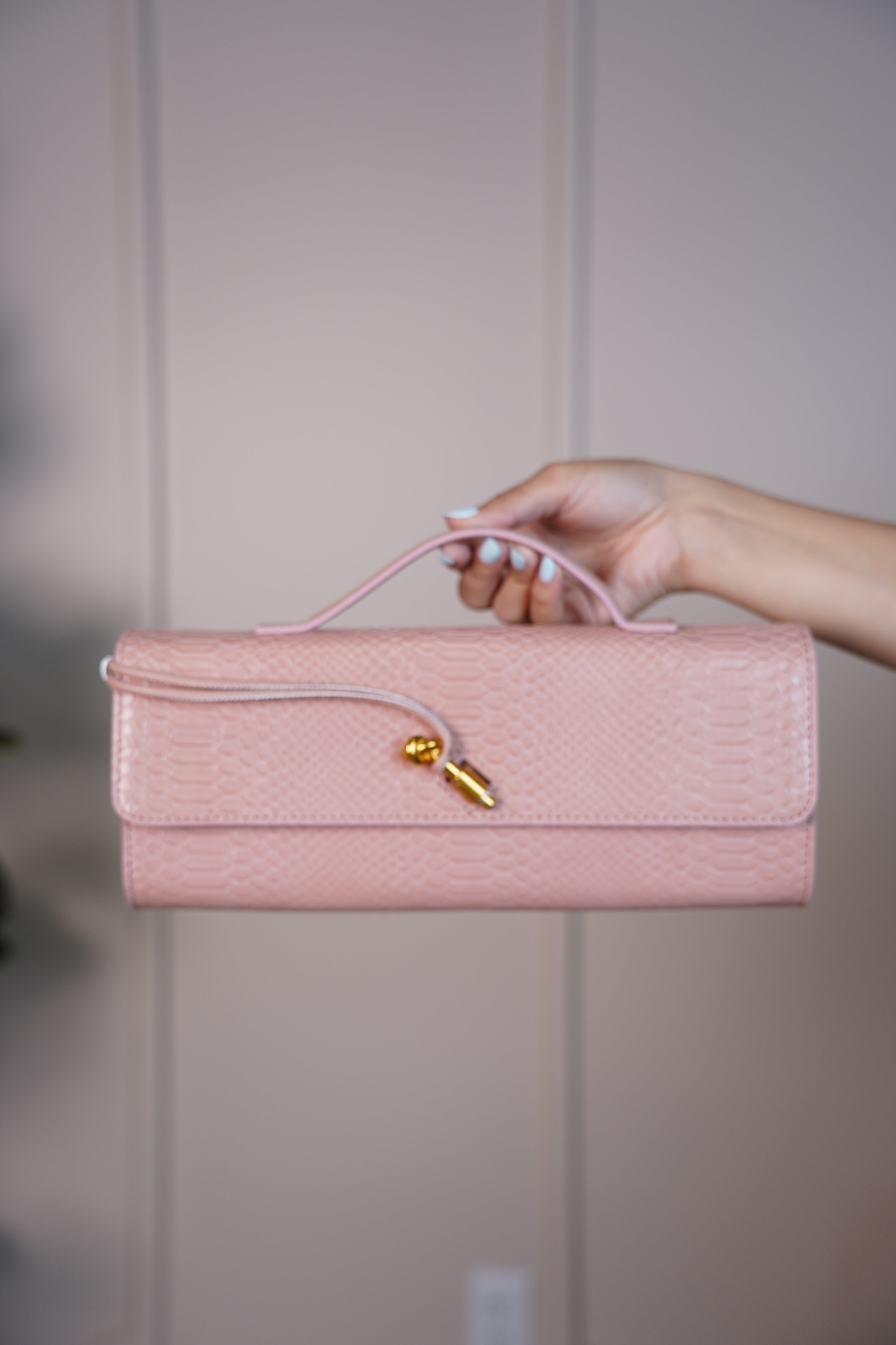 MariaElene Metallic Snake-Embossed Clutch – Structured Handle Bag in 6 Colors - Carema Boutique