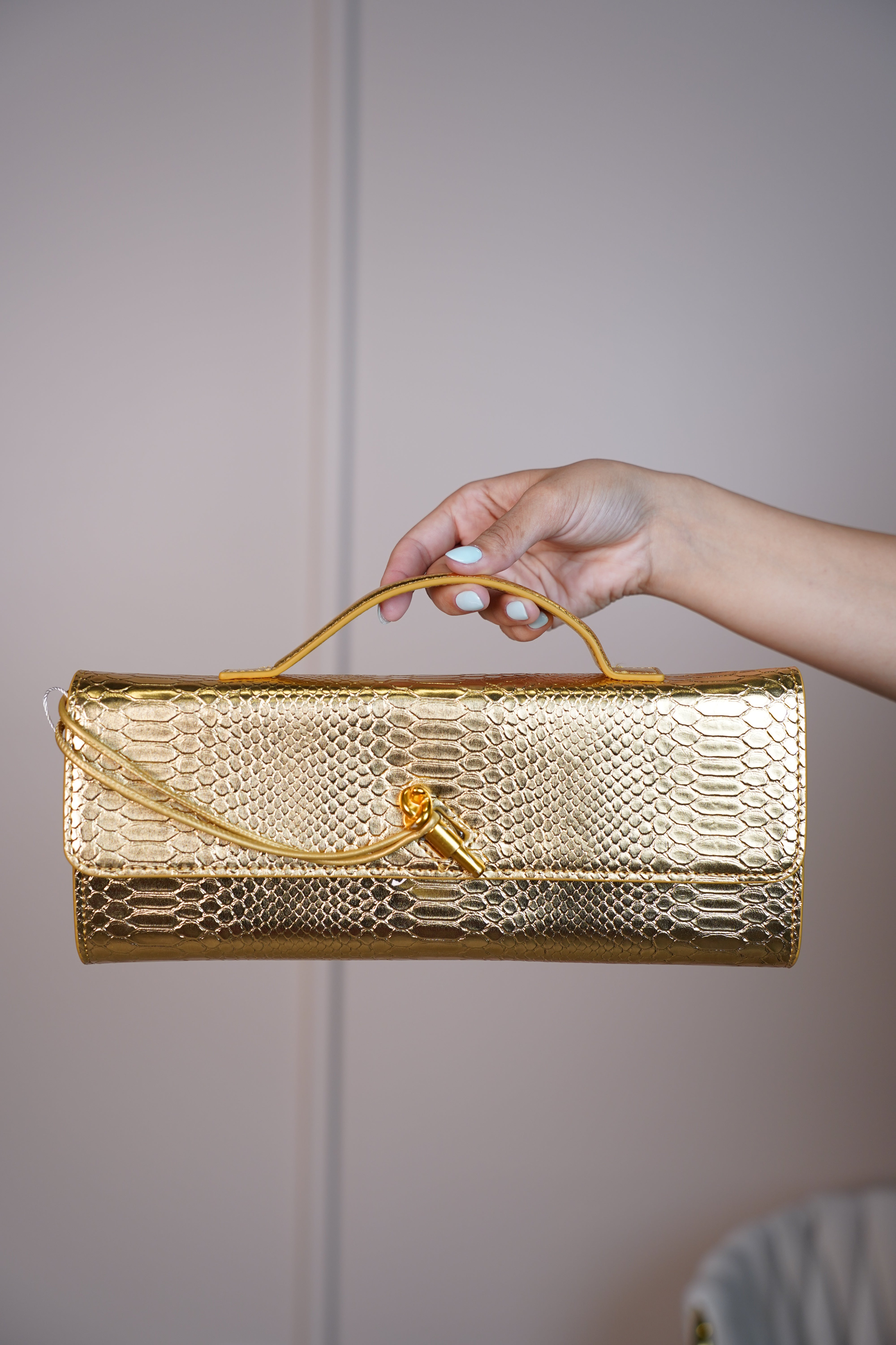 MariaElene Metallic Snake-Embossed Clutch – Structured Handle Bag in 6 Colors - Carema Boutique