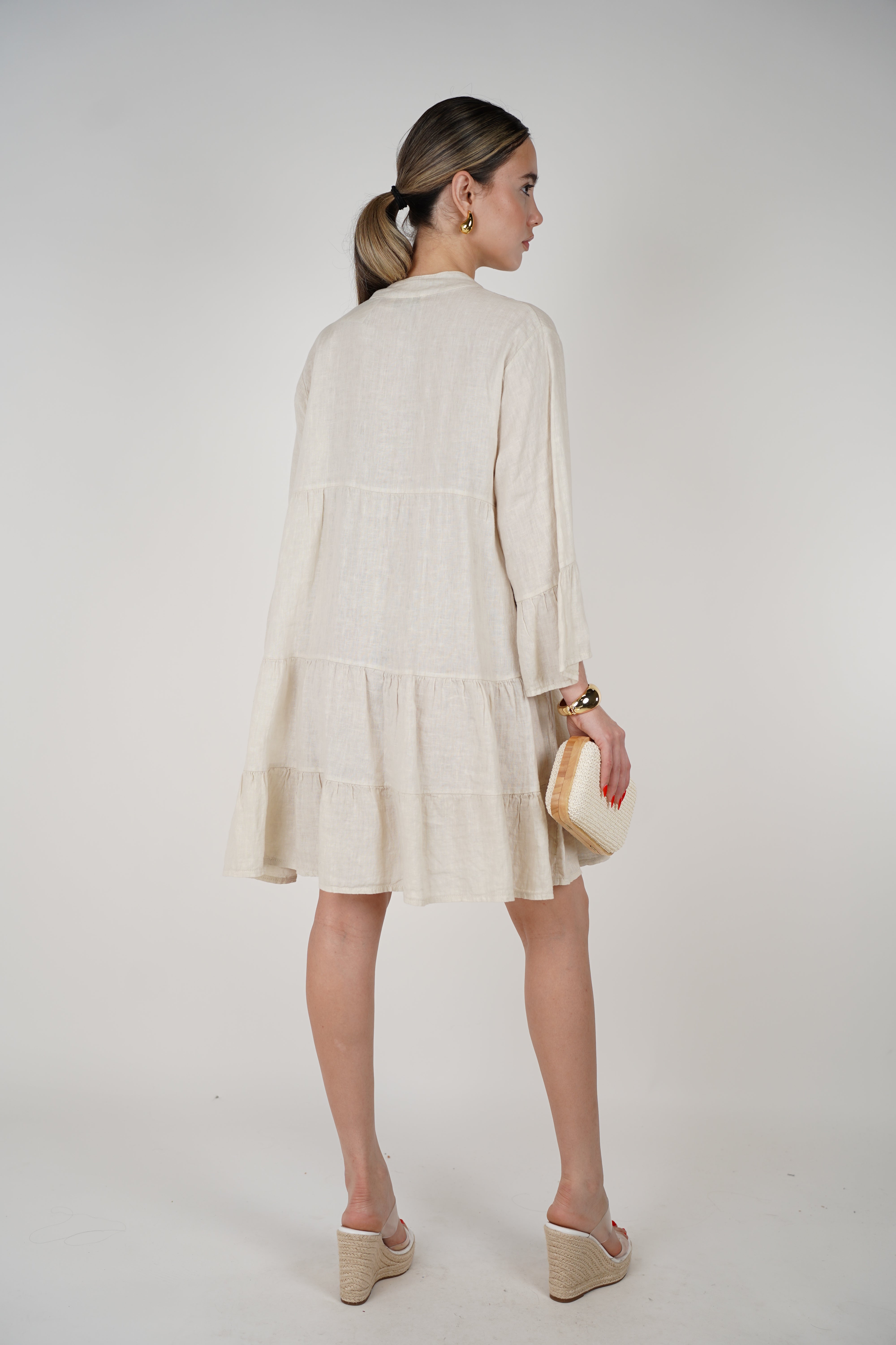 Sira Linen Mini Dress – Breezy Button-Down in Soft Neutrals