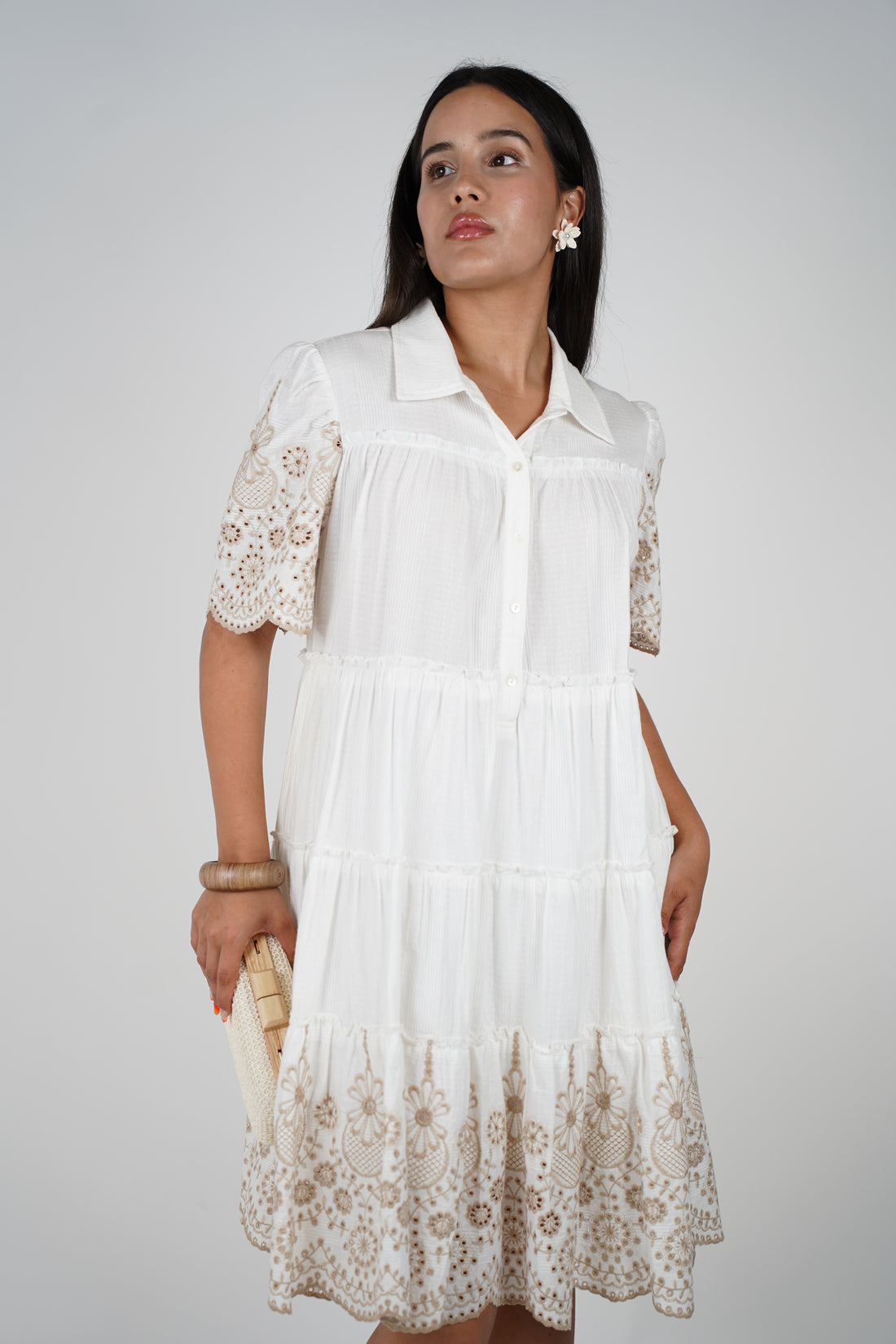 Marie Dress – Embroidered Tiered Mini with Classic Collar