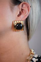 Chime Molten Frame Stud Earrings – Sculptural Gold with Black Stone Center - Carema Boutique