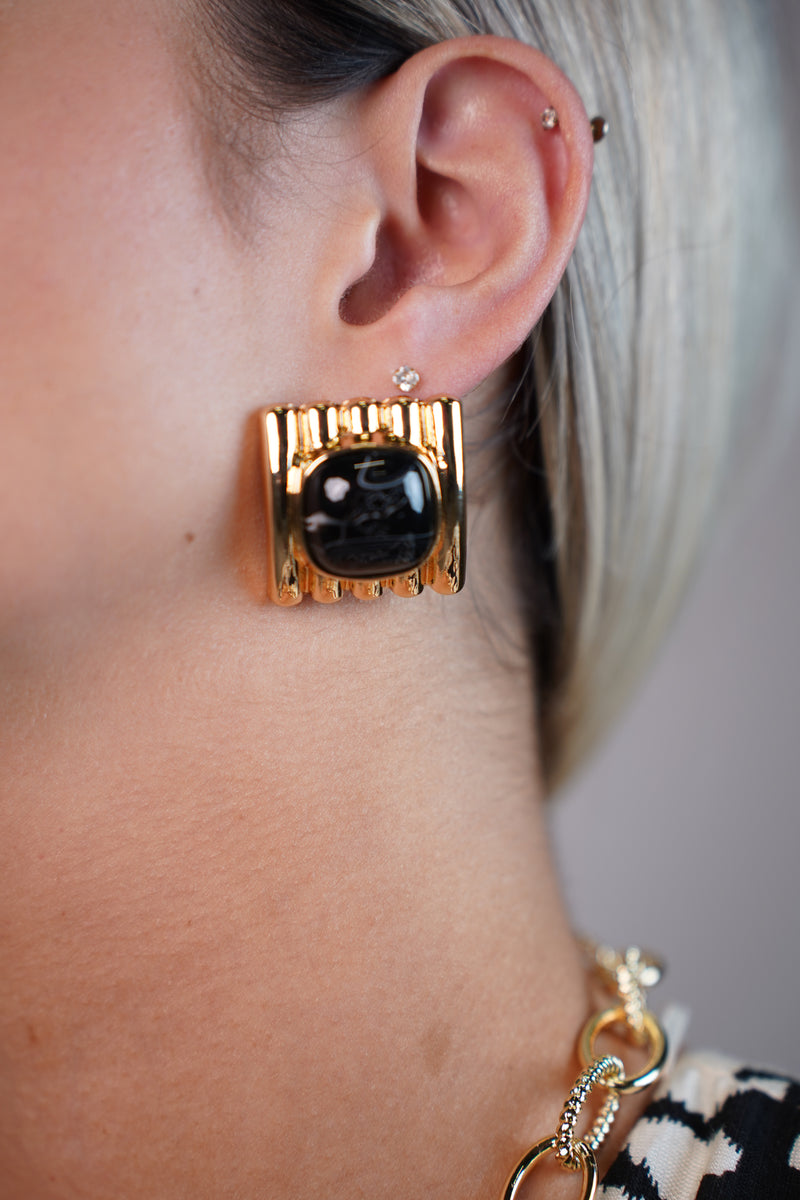 Chime Molten Frame Stud Earrings – Sculptural Gold with Black Stone Center