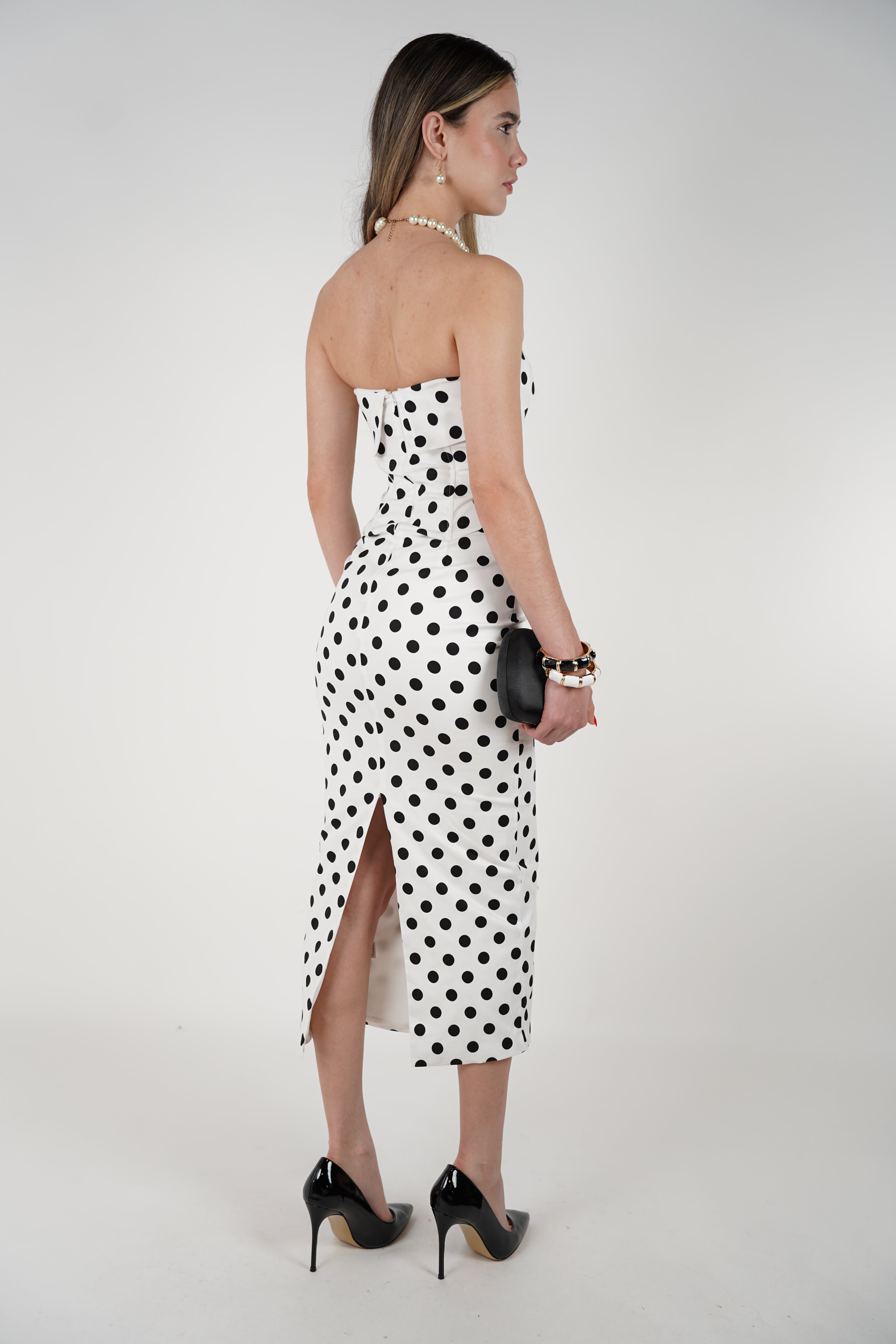 Kaysia Polka Dot Maxi Dress – Chic Strapless Elegance
