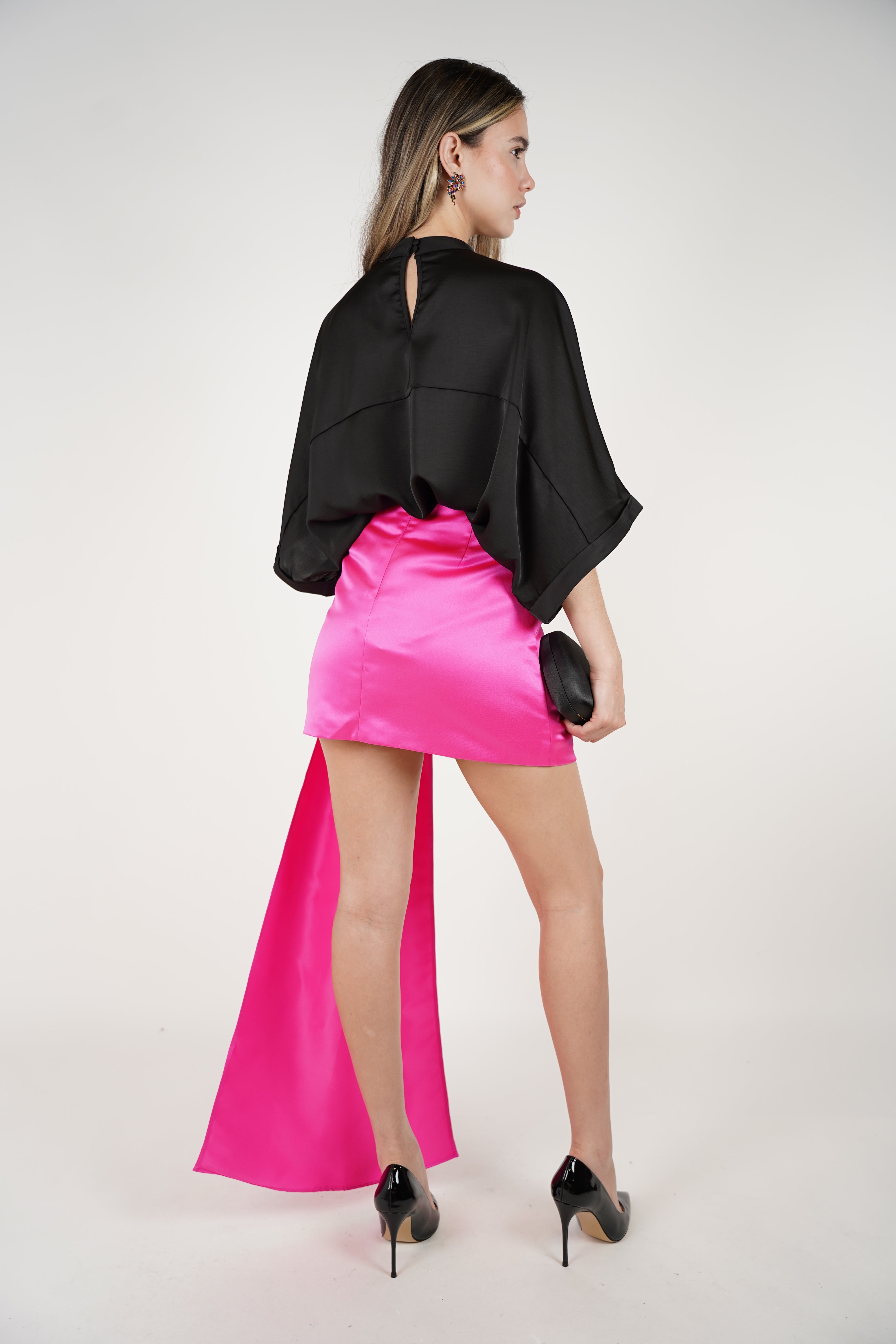 Olira Mini Skirt – Satin Fuchsia Drama with Floral Detail