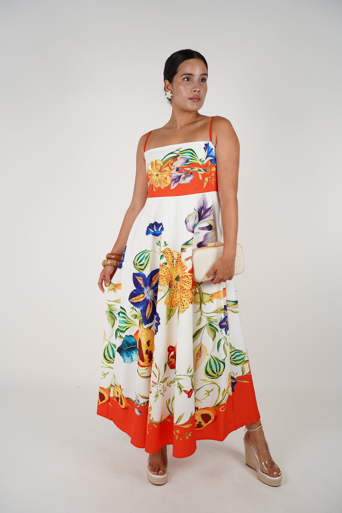 Delyne Stamped Maxi Dress – Tropical Elegance in a Flowing Silhouette