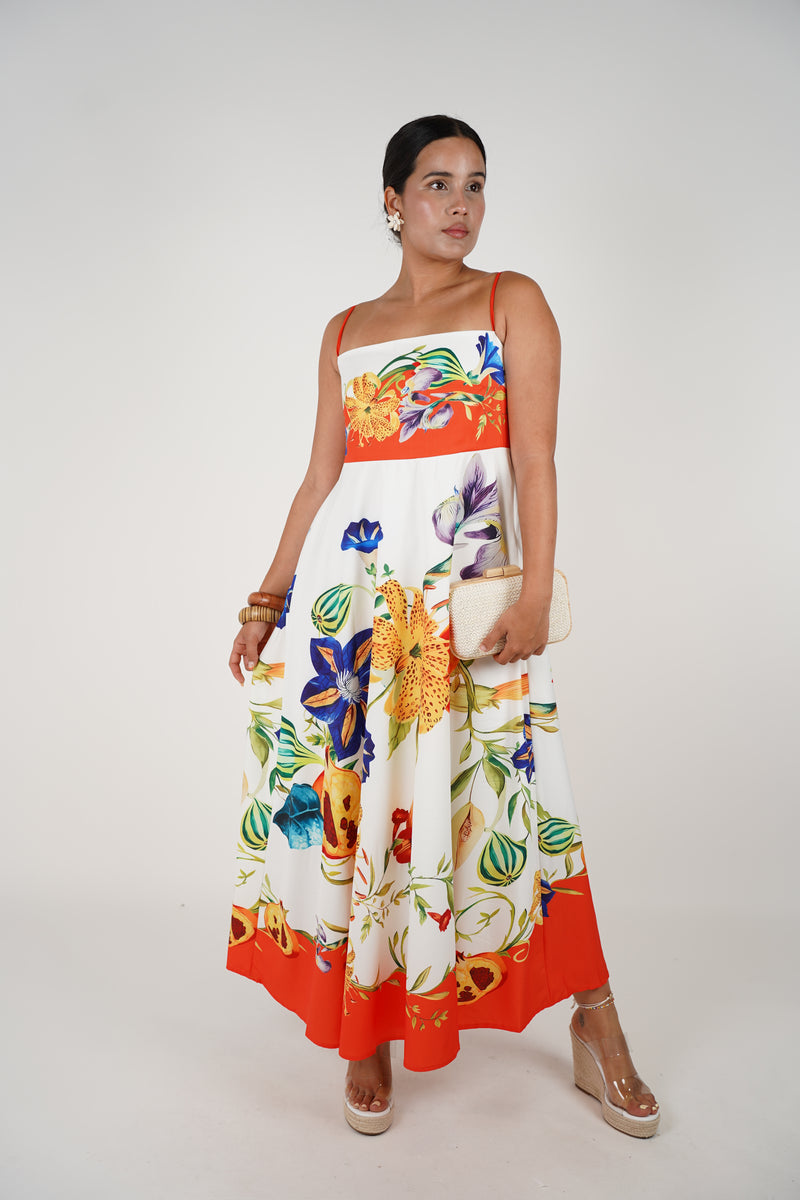 Delyne Stamped Maxi Dress – Tropical Elegance in a Flowing Silhouette