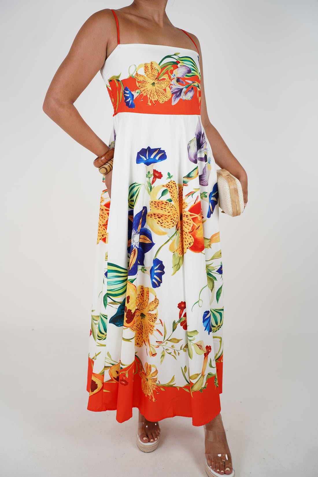 Delyne Stamped Maxi Dress – Tropical Elegance in a Flowing Silhouette