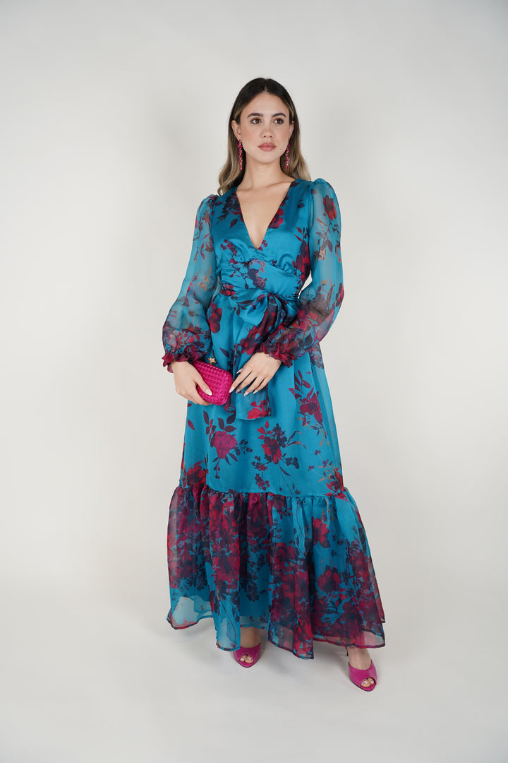 Helia Floral Maxi Dress – Teal Chiffon Wrap Dress with Romantic Blooms