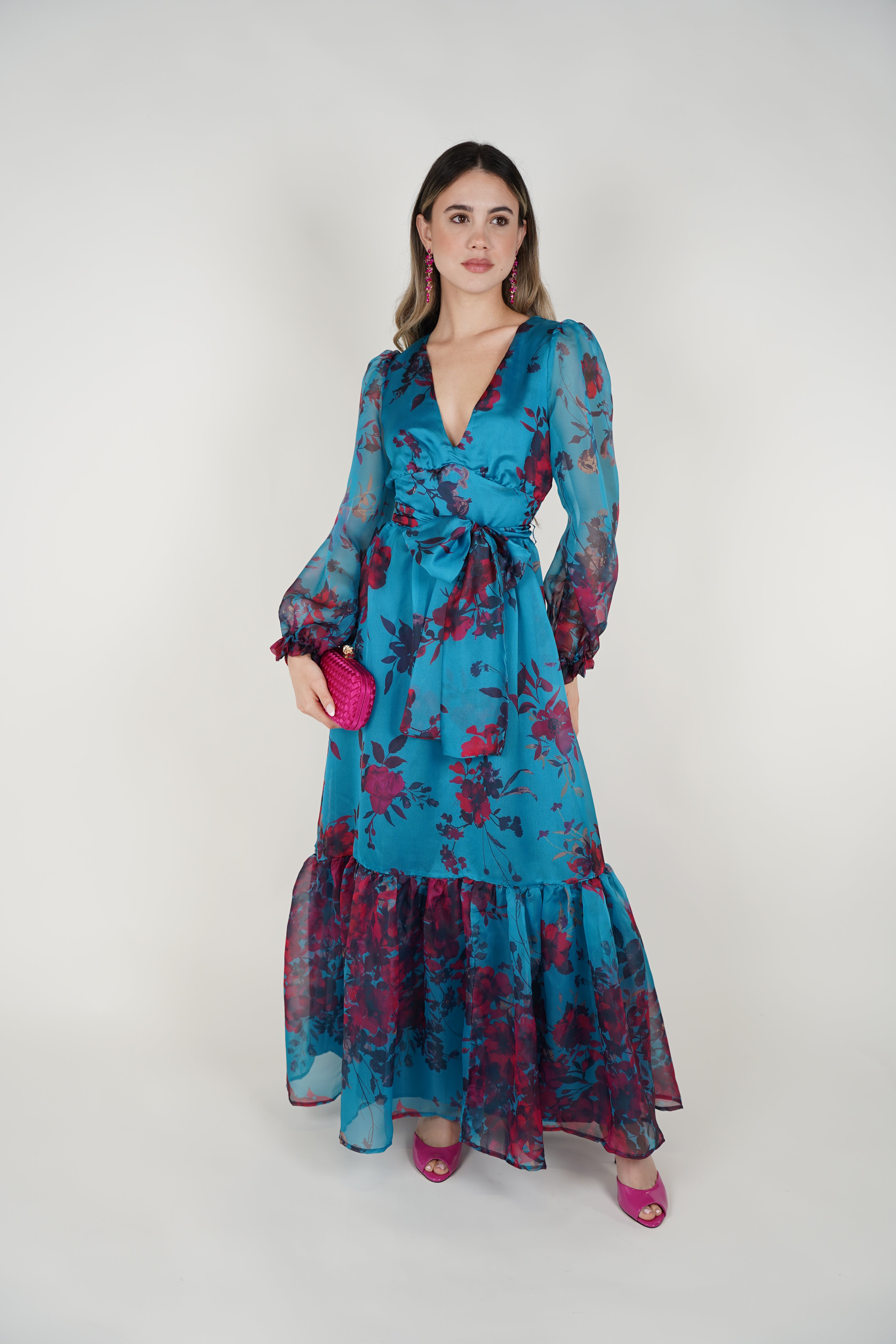 Helia Floral Maxi Dress – Teal Chiffon Wrap Dress with Romantic Blooms