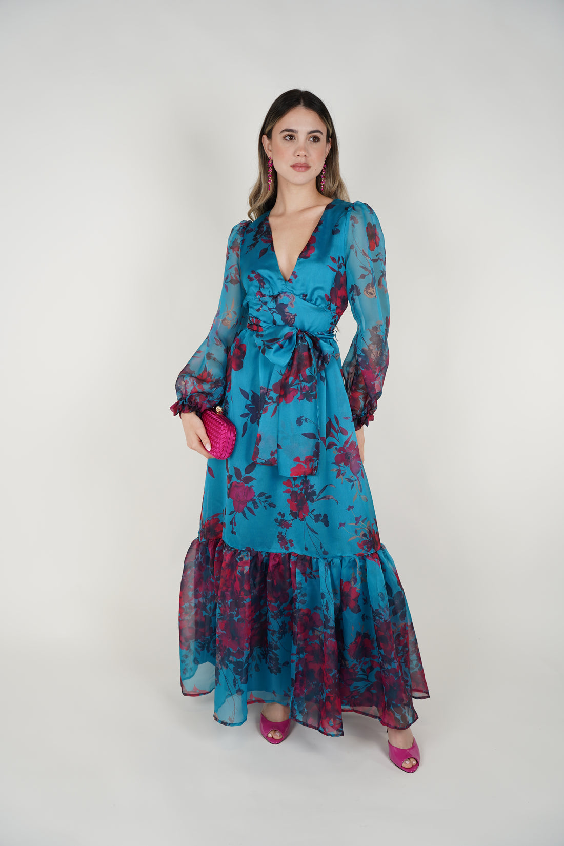 Helia Floral Maxi Dress – Teal Chiffon Wrap Dress with Romantic Blooms