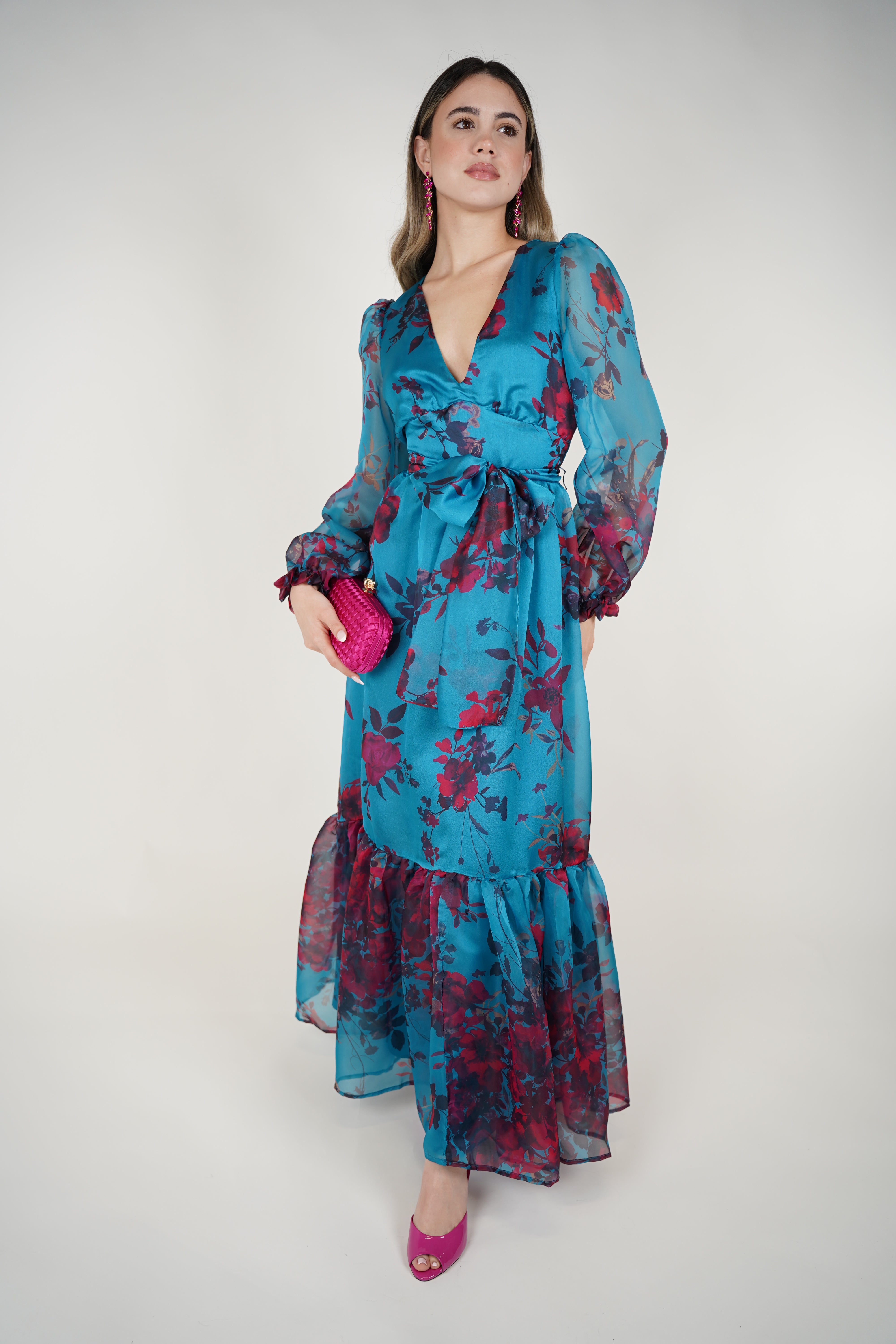 Helia Floral Maxi Dress – Teal Chiffon Wrap Dress with Romantic Blooms