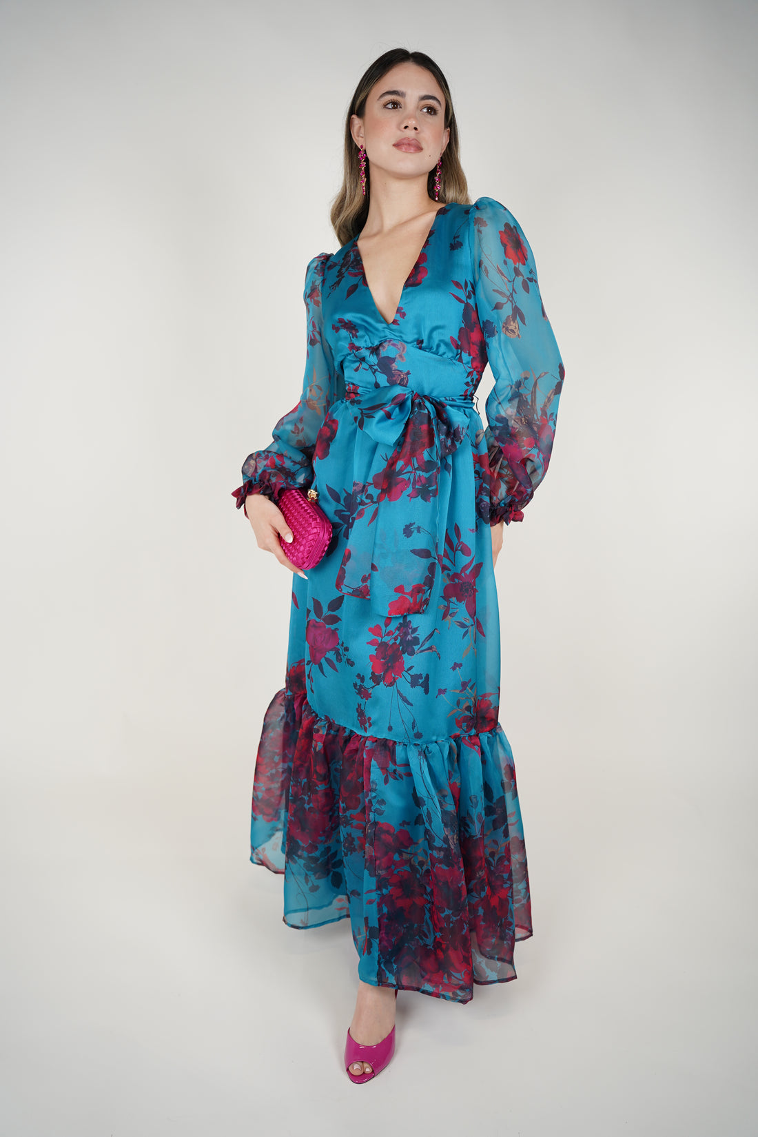 Helia Floral Maxi Dress – Teal Chiffon Wrap Dress with Romantic Blooms